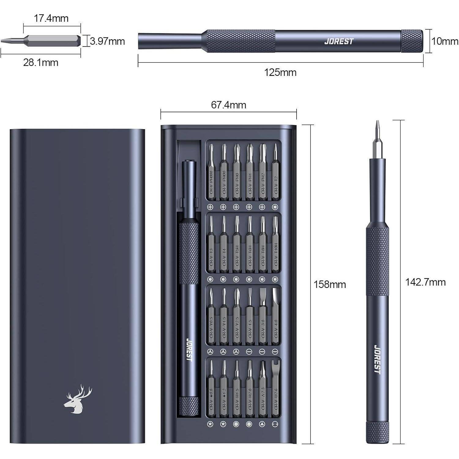 Dimensionsdiagramm eines JOREST-Präzisions-Schraubendreher-Sets, das das Etui, den Griff und assortierte Bits mit Abmessungen in Millimetern zeigt.