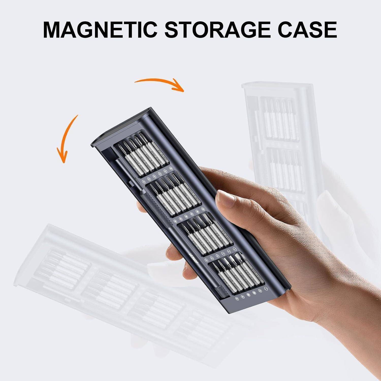 Hand hält eine magnetische Aufbewahrungsbox mit Reihen von Metallbits; Text liest 'MAGNETISCHE AUFBEWAHRUNGSBOX' und orangefarbene Pfeile zeigen das Öffnen und Schließen der Box.
