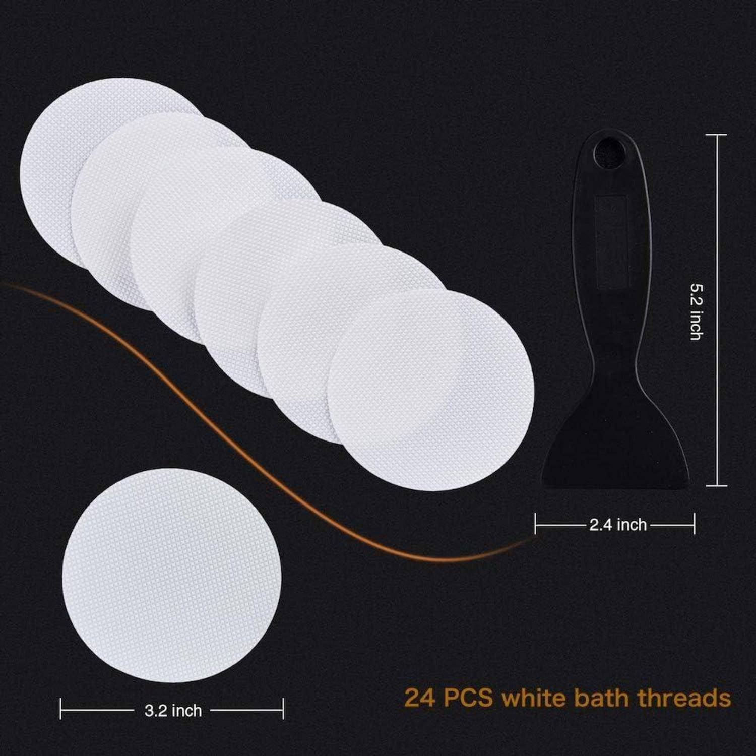 Bild von 24 weißen Badeschrubber-Pads und einem schwarzen Griff, mit Größenetiketten, die zeigen, dass die Pads 3,2 Zoll groß sind und der Griff 5,2 Zoll hoch und 2,4 Zoll breit ist.