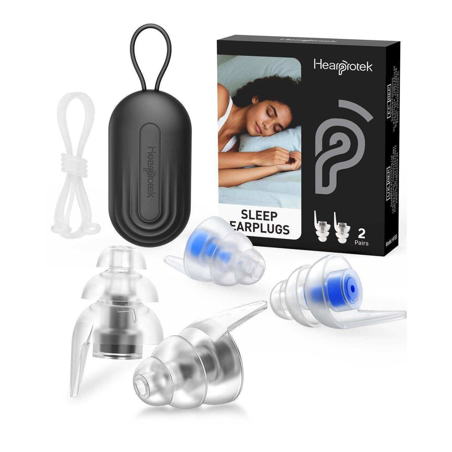Bild von Hearprotek Schlaf-Ohrstöpseln: schwarzes Etui, Schnur, Aufbewahrungsbox mit der Aufschrift „SLEEP EARPLUGS