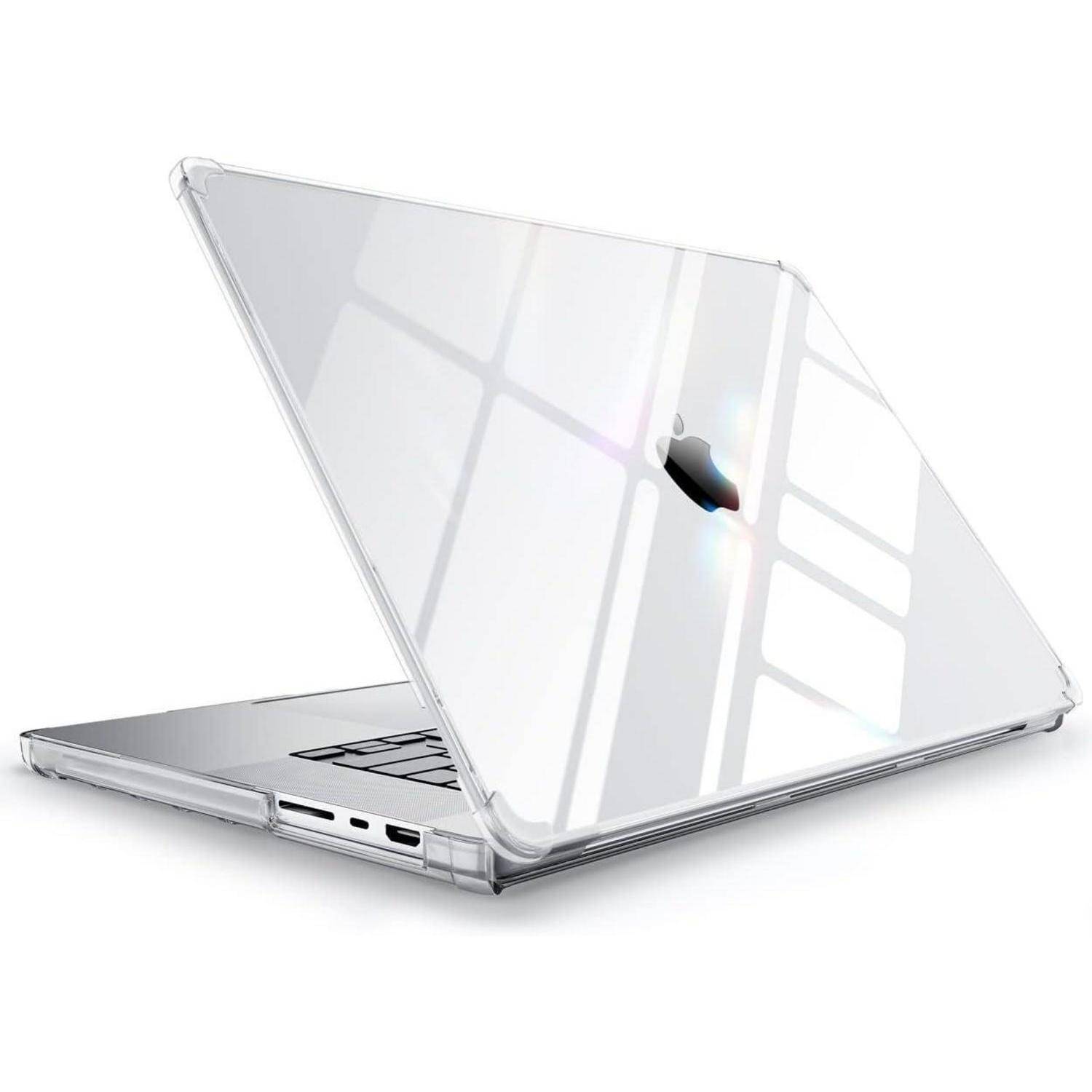 Ein geschlossener silberner Laptop in einer durchsichtigen Schutzhülle, in einem Winkel auf weißem Hintergrund dargestellt.