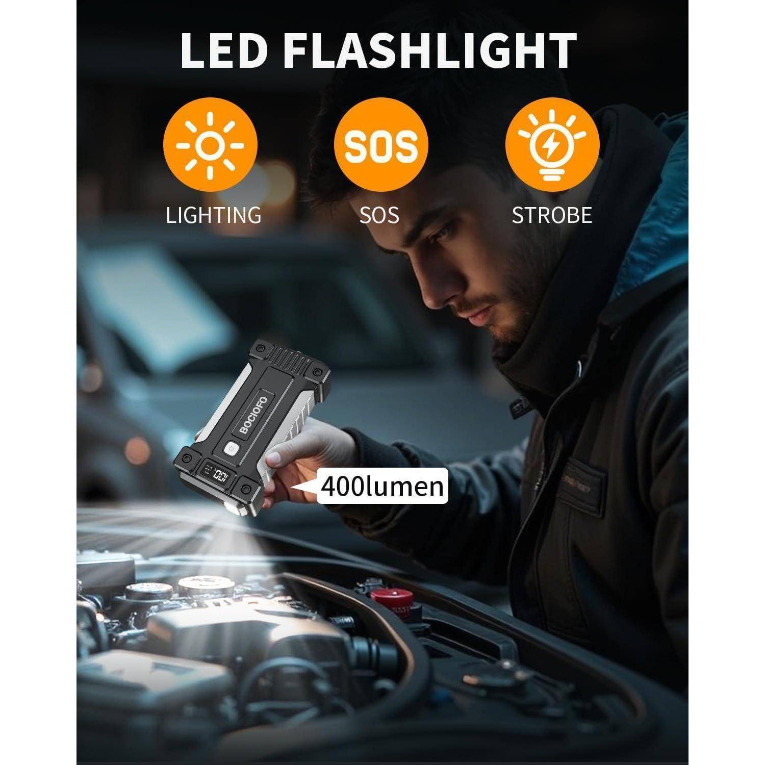 Werbebild einer LED-Taschenlampe mit Beleuchtungs-, SOS- und Stroboskop-Modus, die mit einer Leistung von 400 Lumen zur Inspektion eines Automotors verwendet wird.