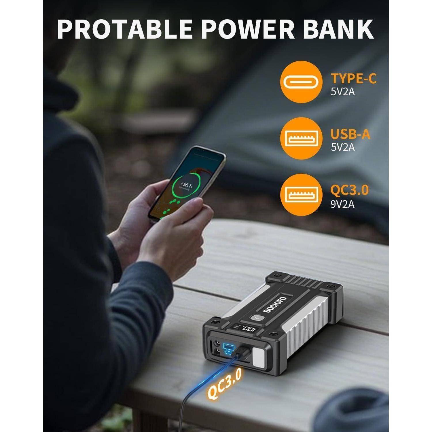 Tragbare Powerbank lädt ein Telefon auf einem Tisch auf, mit Beschriftungen, die Type-C 5V2A, USB-A 5V2A und QC3.0 9V2A Ausgänge zeigen.