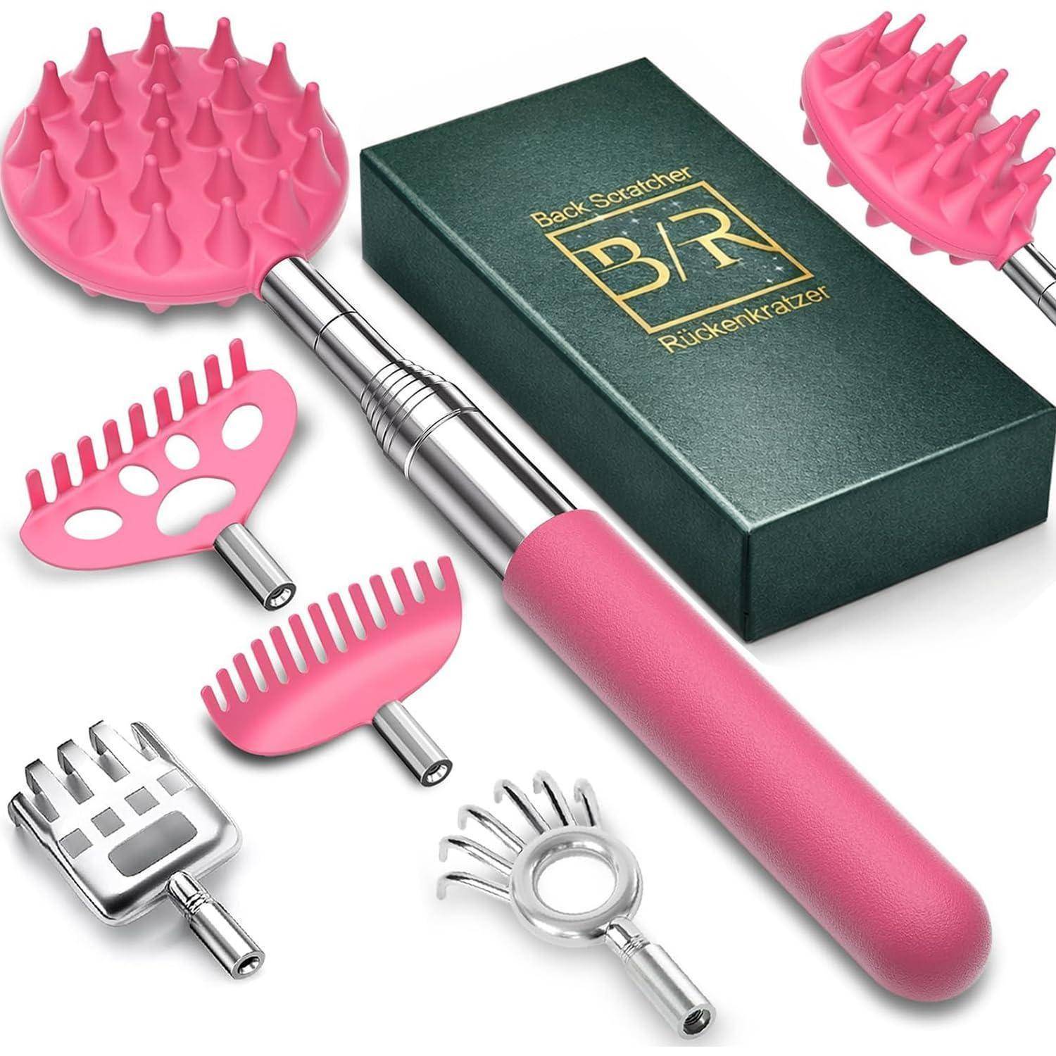 Rosa Teleskop-Rückenkratzer-Set mit austauschbaren Massageköpfen und einer Geschenkbox mit der Aufschrift „Back Scratcher BR Rückenkrazer