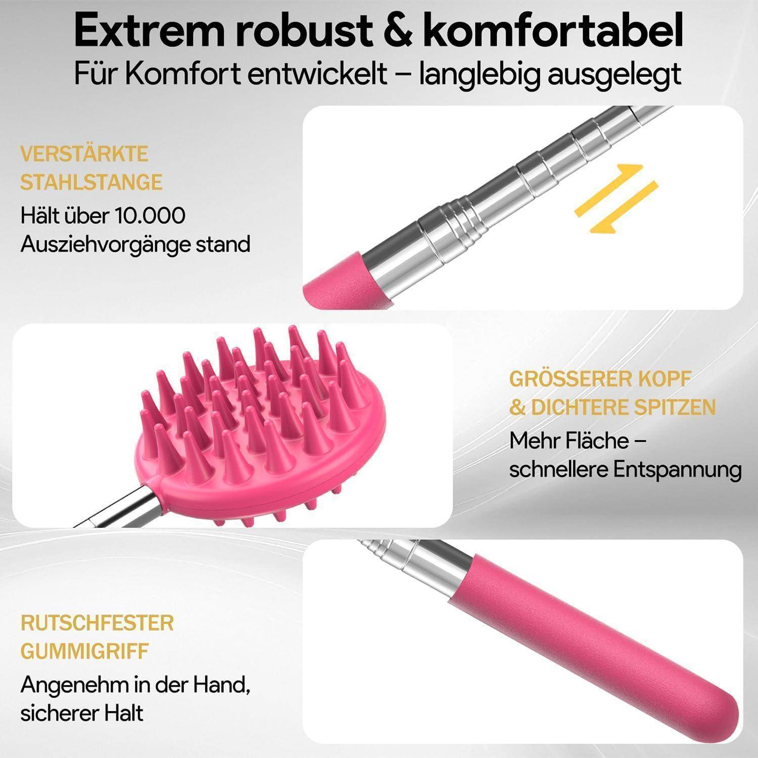 Rückenkratzer Ausziehbar, 5 Abnehmbare Köpfe, Edelstahlgriff, Geschenkset Rosa