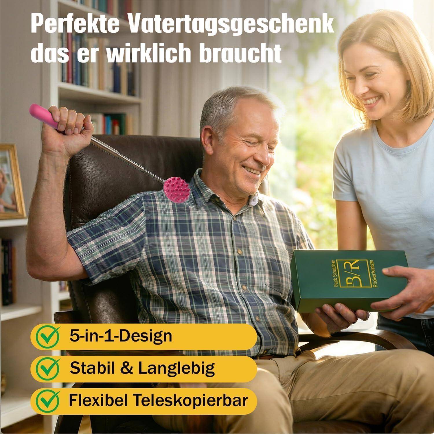 Werbeanzeige mit einem lächelnden älteren Mann und einer Frau, die eine grüne Geschenkbox halten; der deutsche Text lautet „Perfekte Vatertagsgeschenk das er wirklich braucht