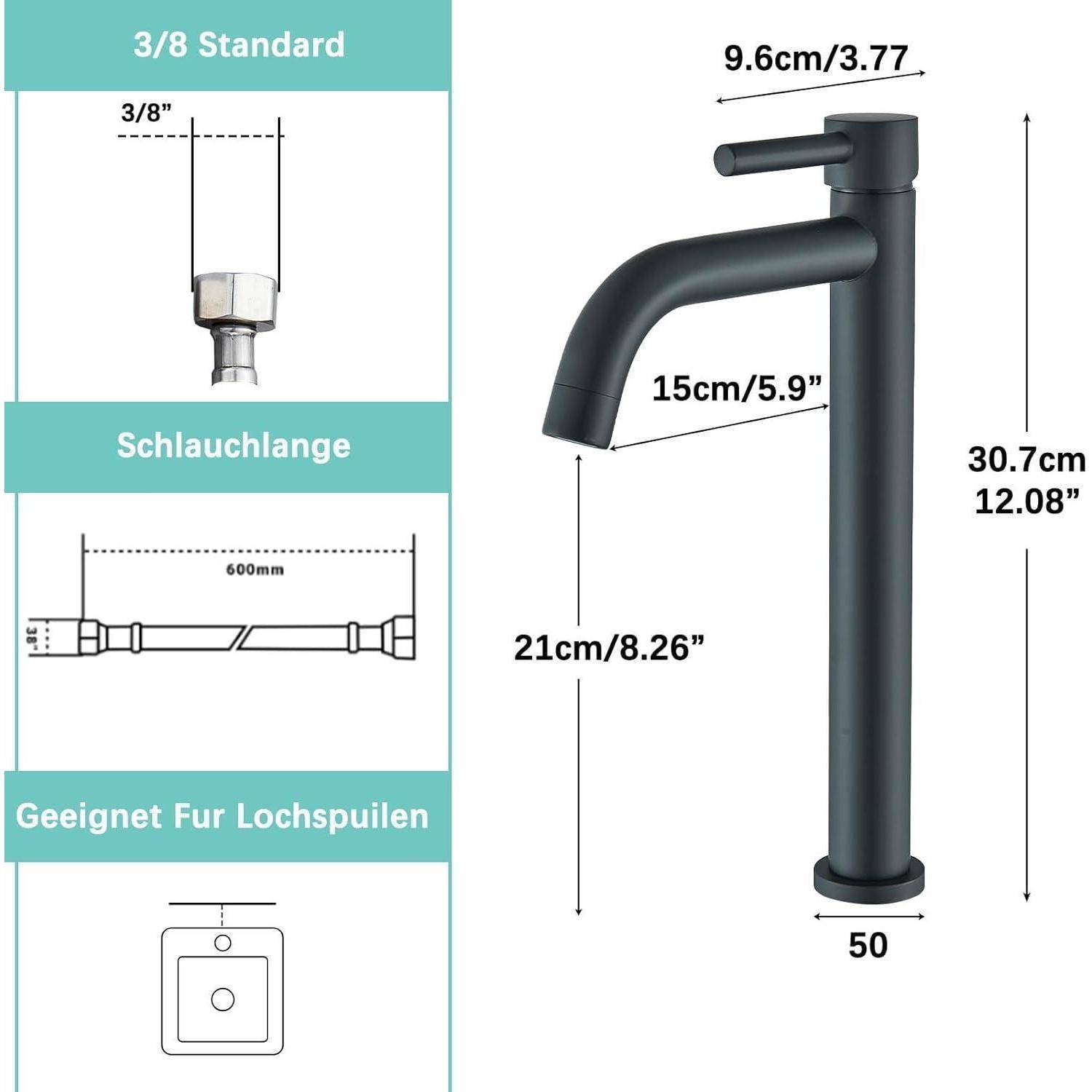Schwarzer matter Badezimmerwasserhahn mit Abmessungen: 30,7 cm Höhe, 21 cm Auslaufhöhe, 15 cm Reichweite, 9,6 cm obere Breite und 50 mm Sockel; linkes Feld zeigt 3/8-Anschluss, 600 mm Schlauch, für Spülbeckenausschnitt.