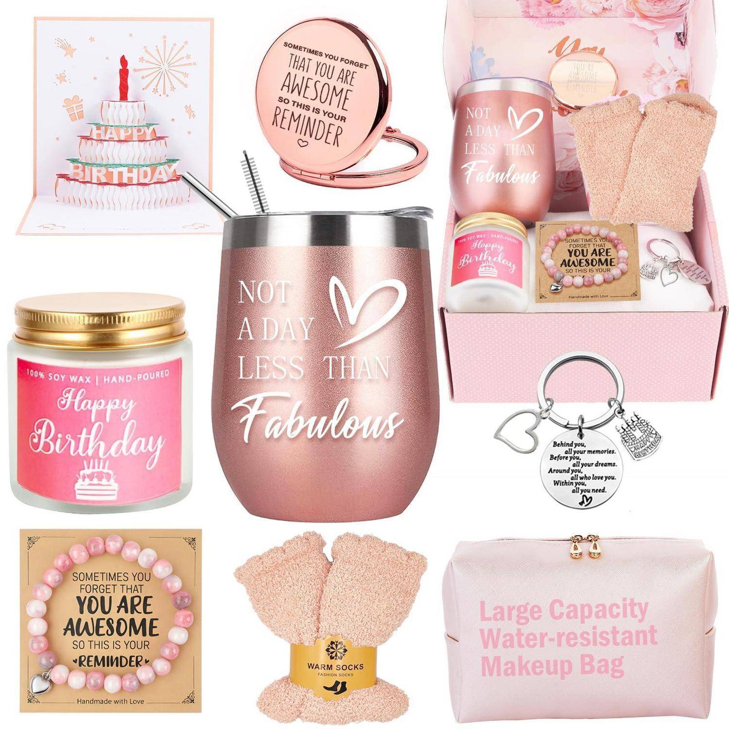 Rosa Geburtstagsgeschenkset mit Tasse, Kerze, Kosmetiktasche, Socken, Kompakt, Karte und Schlüsselanhänger mit den Aufschriften „Alles Gute zum Geburtstag