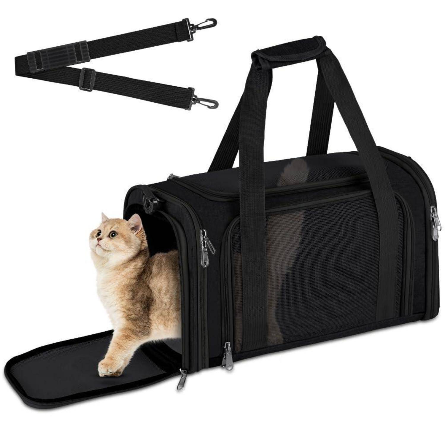 Schwarze Weiche Haustierträgertasche mit Schultergurt, auf dem eine Katze heraustritt; zusätzlicher Gurt oben abgebildet.