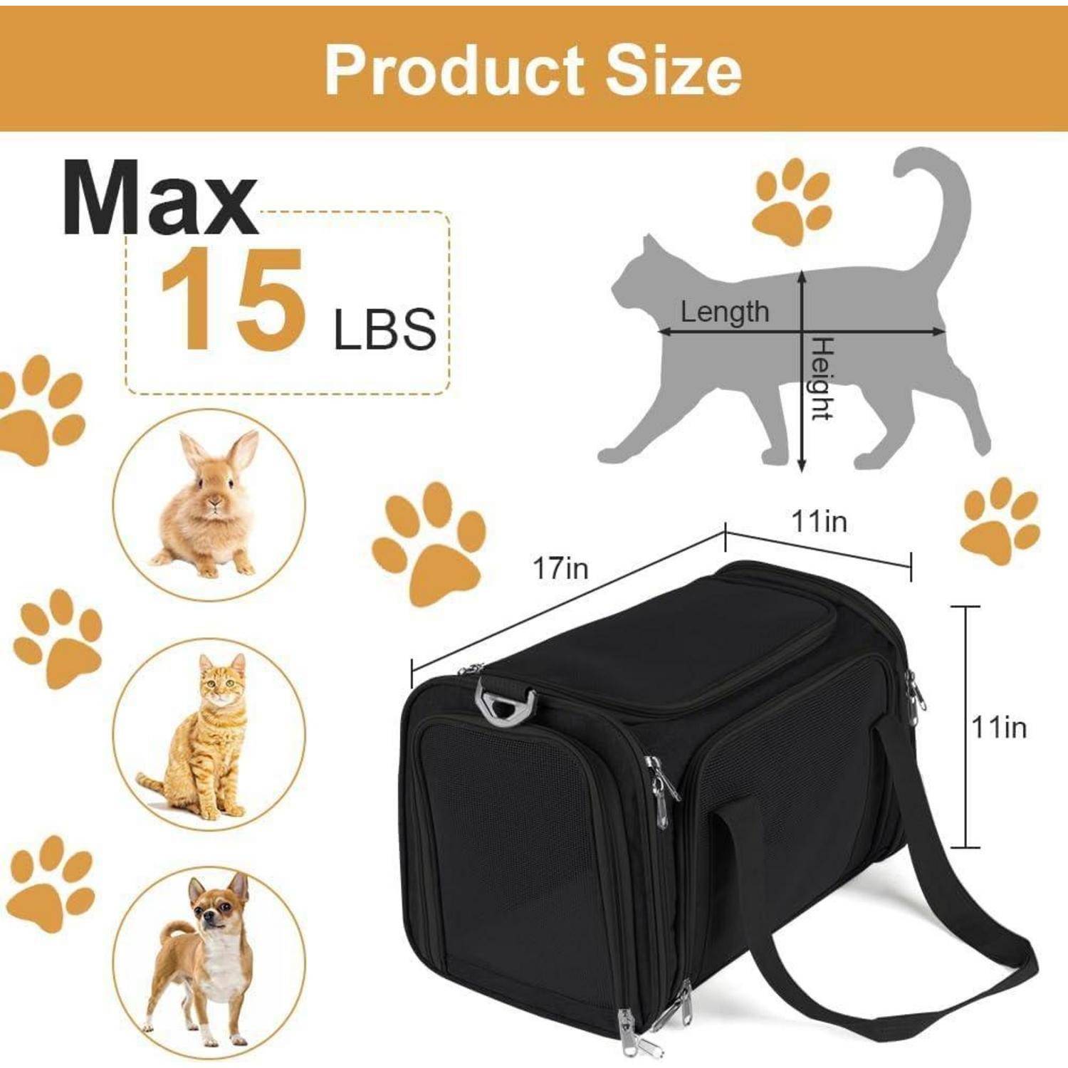Größendiagramm für eine Tierbox: max. 15 lbs, 17 x 11 x 11 Zoll, mit Katzenschatten, der Länge und Höhe zeigt, und Tierbeispiele von Kaninchen, Katze und kleinem Hund.
