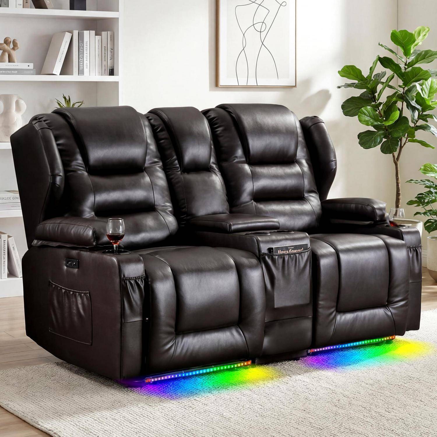 Schwarzes Leder-Relaxsofa mit integrierten Getränkehaltern und regenbogenfarbener LED-Unterbeleuchtung in einem modernen Wohnzimmer.