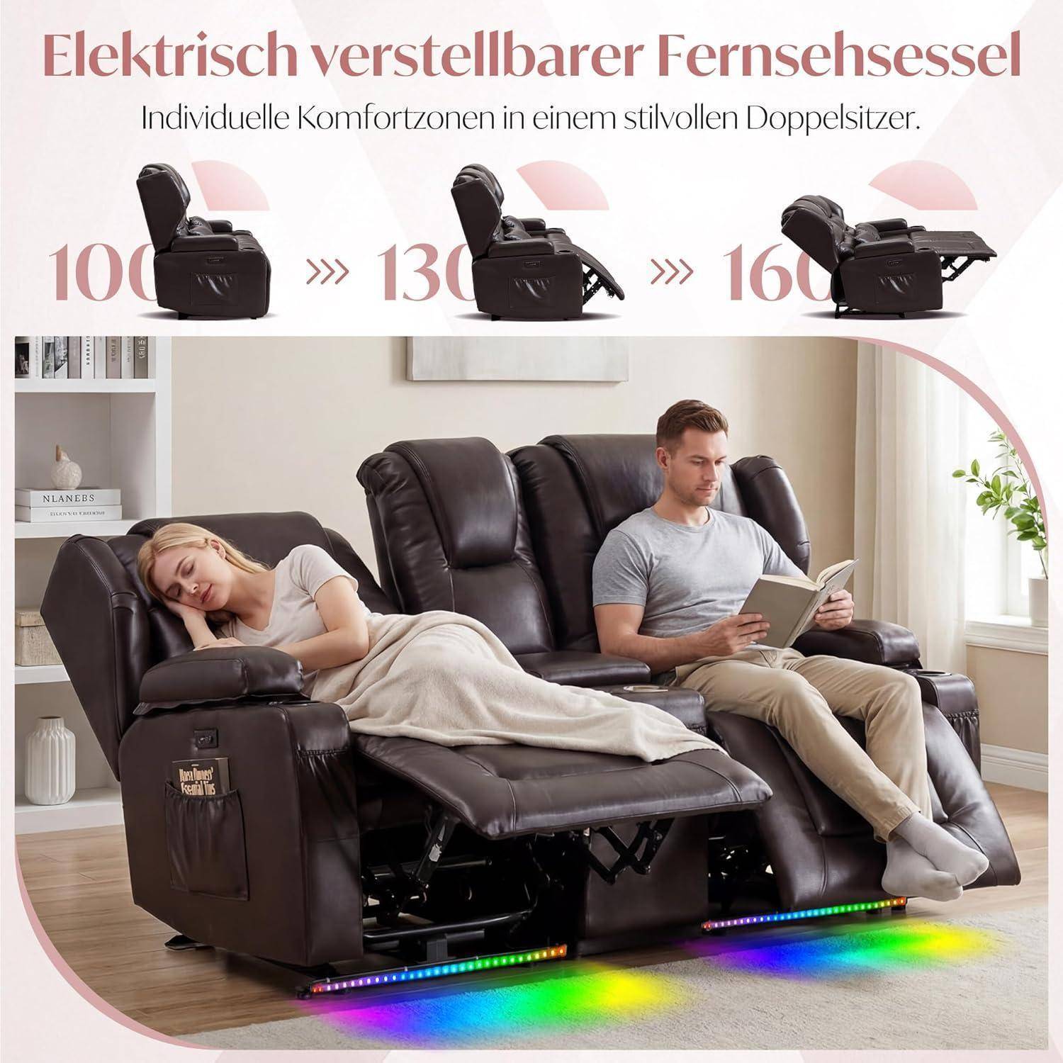Die Anzeige zeigt ein elektrisch verstellbares Relax-Sofa mit drei Positionen, die von 100 bis 130 bis 160 Grad ansteigen; ein Paar entspannt sich im Relaxsessel.