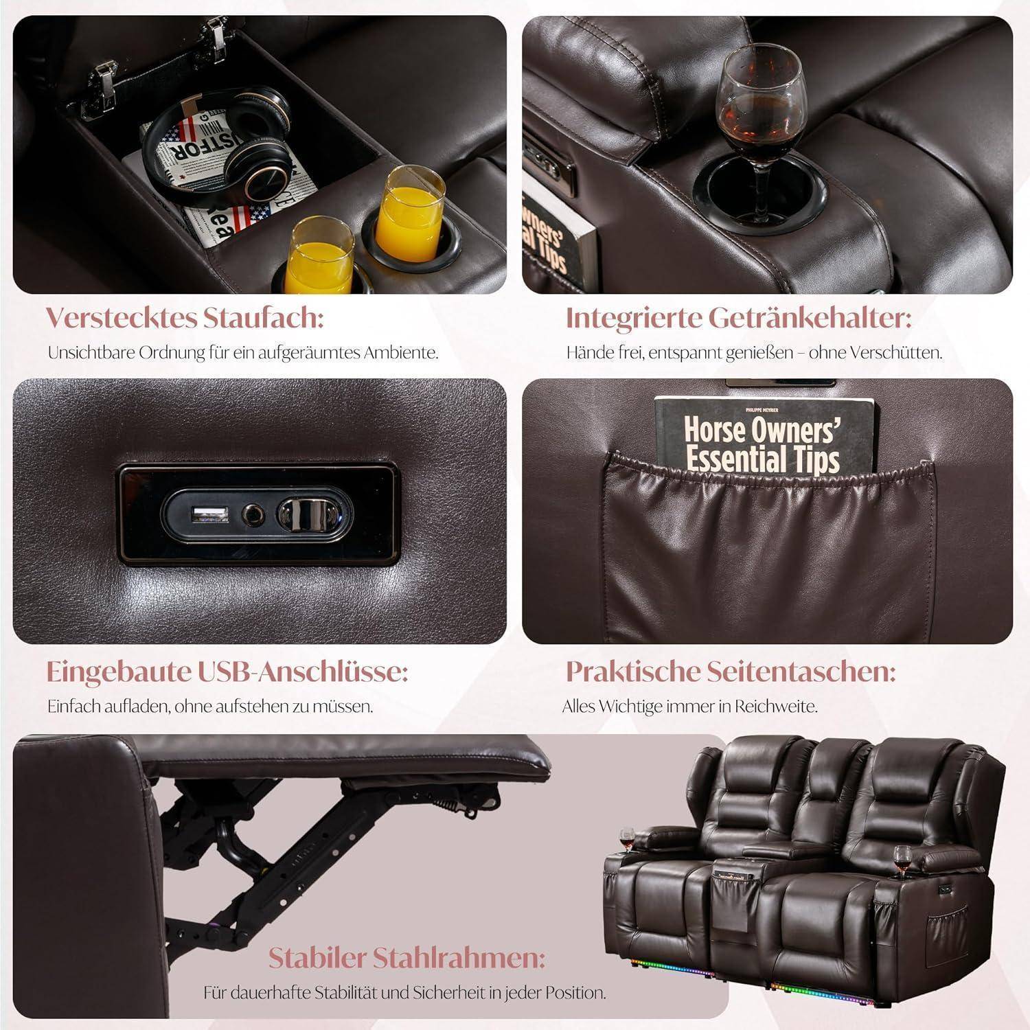 Collage eines braunen Lederlehnstuhls mit verstecktem Ablagefach, integrierten Getränkehaltern, USB-Anschlüssen, Seitentaschen und stabilem Stahlrahmen.