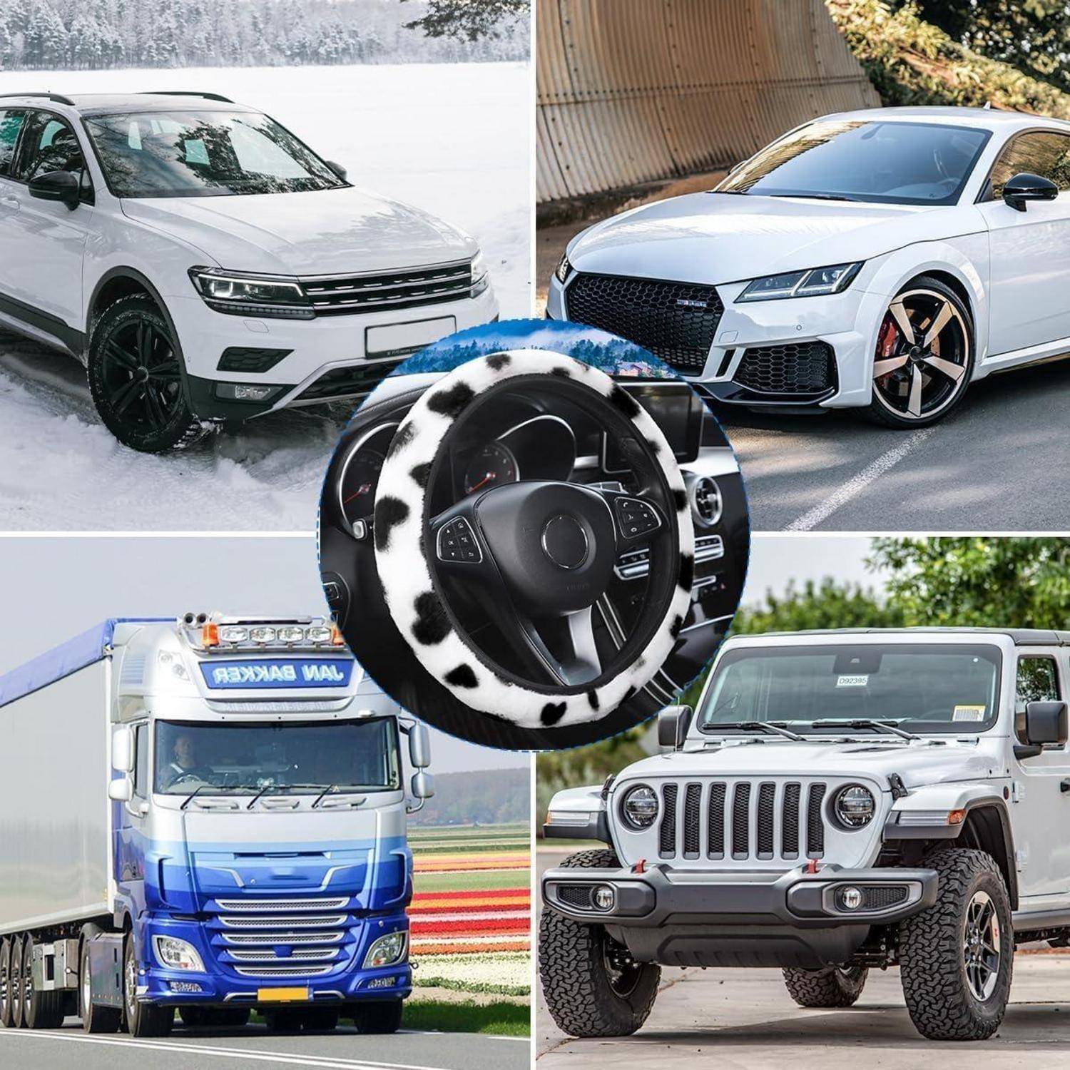 Collage aus vier Fahrzeugen – ein weißes SUV, weißes Sportscoupé, blauer Sattelzug und weißer Jeep – mit einem zentrierten Lenkradbezug aus Kuhhaut als das vorgestellte Zubehör.