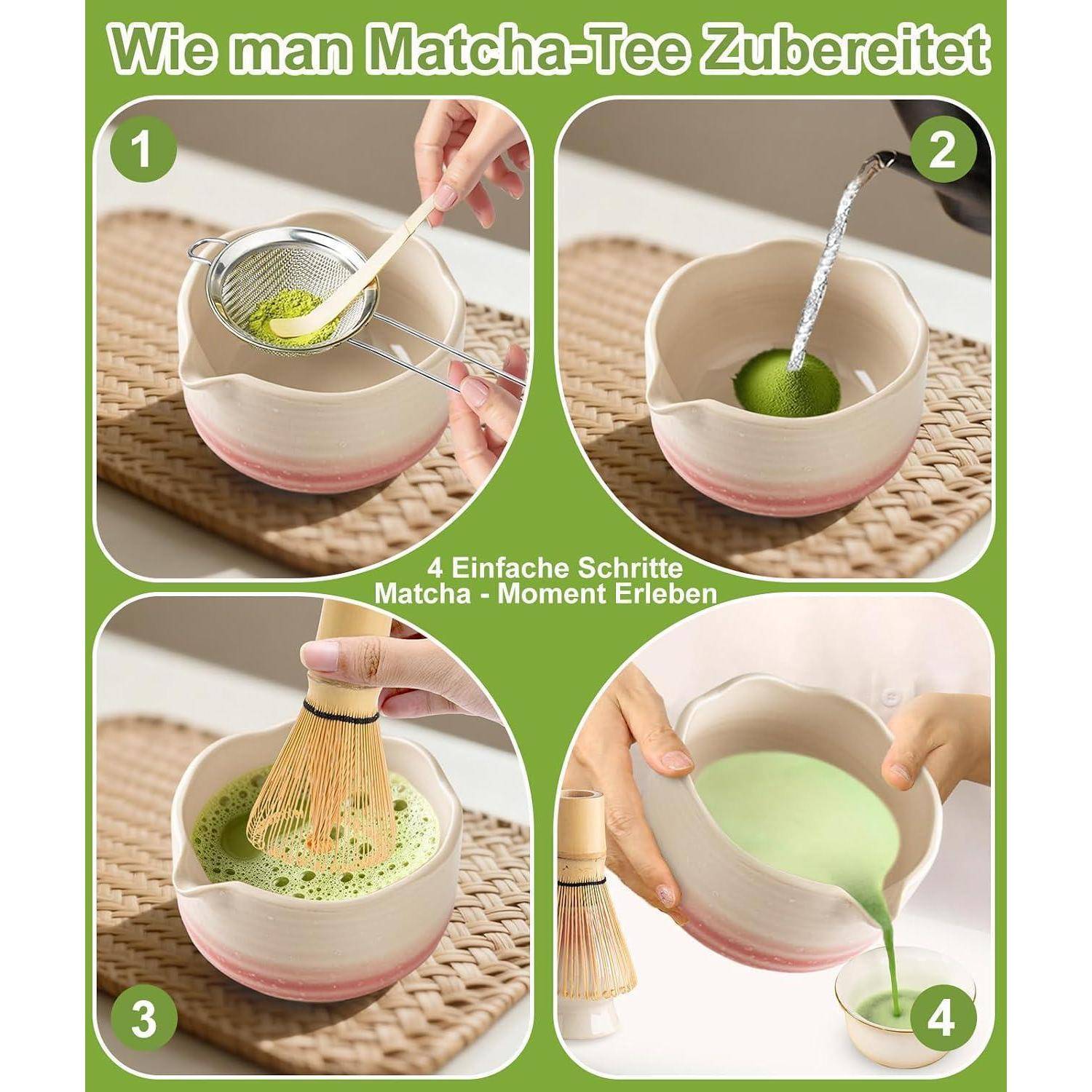 JBER Matcha Set Rosa, Matcha Besen Set 7 Teiliges - Bambusbesen, Matcha Schale mit Ausgießer, Sieb und Zubehör, Perfekt für Matcha-Liebhaber - Farb