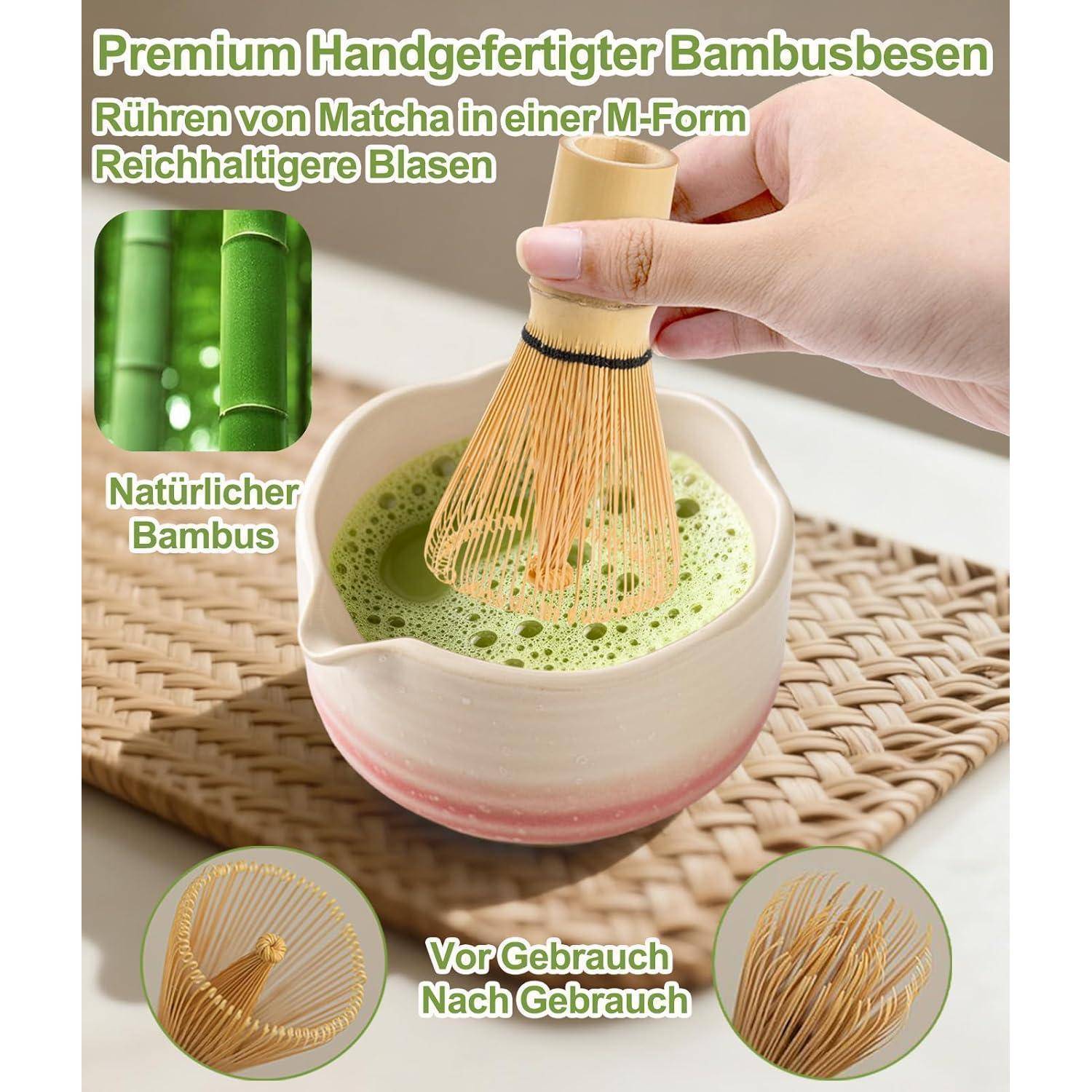 Hand hält einen Bambus-Matcha-Quirl über einer Schüssel mit schäumendem grünem Matcha; Deutsche Anzeige hebt handwerklich gefertigten Bambus, natürlichen Bambus und Vor-/Nachher-Anwendung hervor.