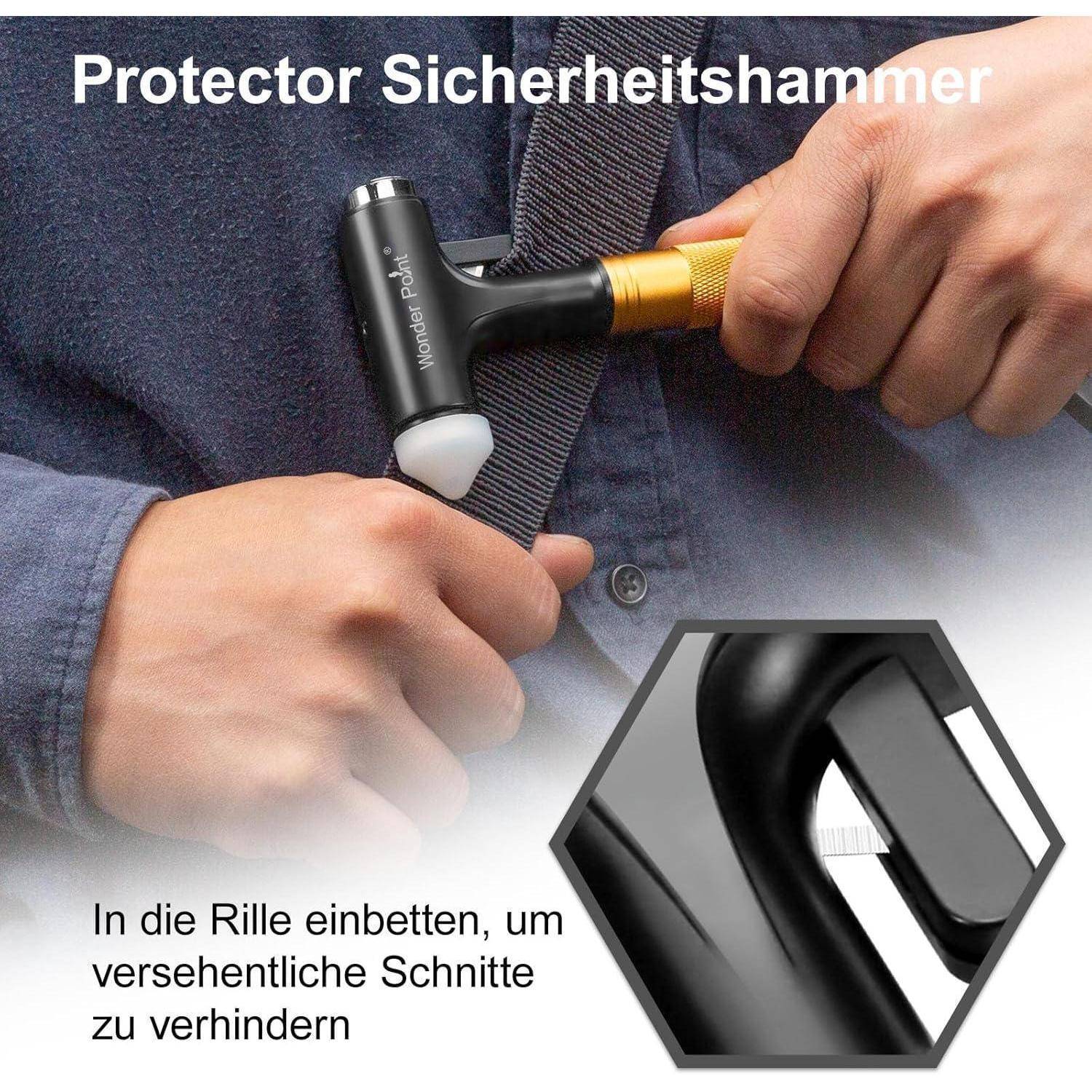 Bild eines „Protector Sicherheitshammers", der auf einem Hemdkragenbereich verwendet wird, mit Text, der darauf hinweist, ihn in die Nut einzubetten, um versehentliche Schnitte zu verhindern; die Einstellung zeigt den Messerschlitz.