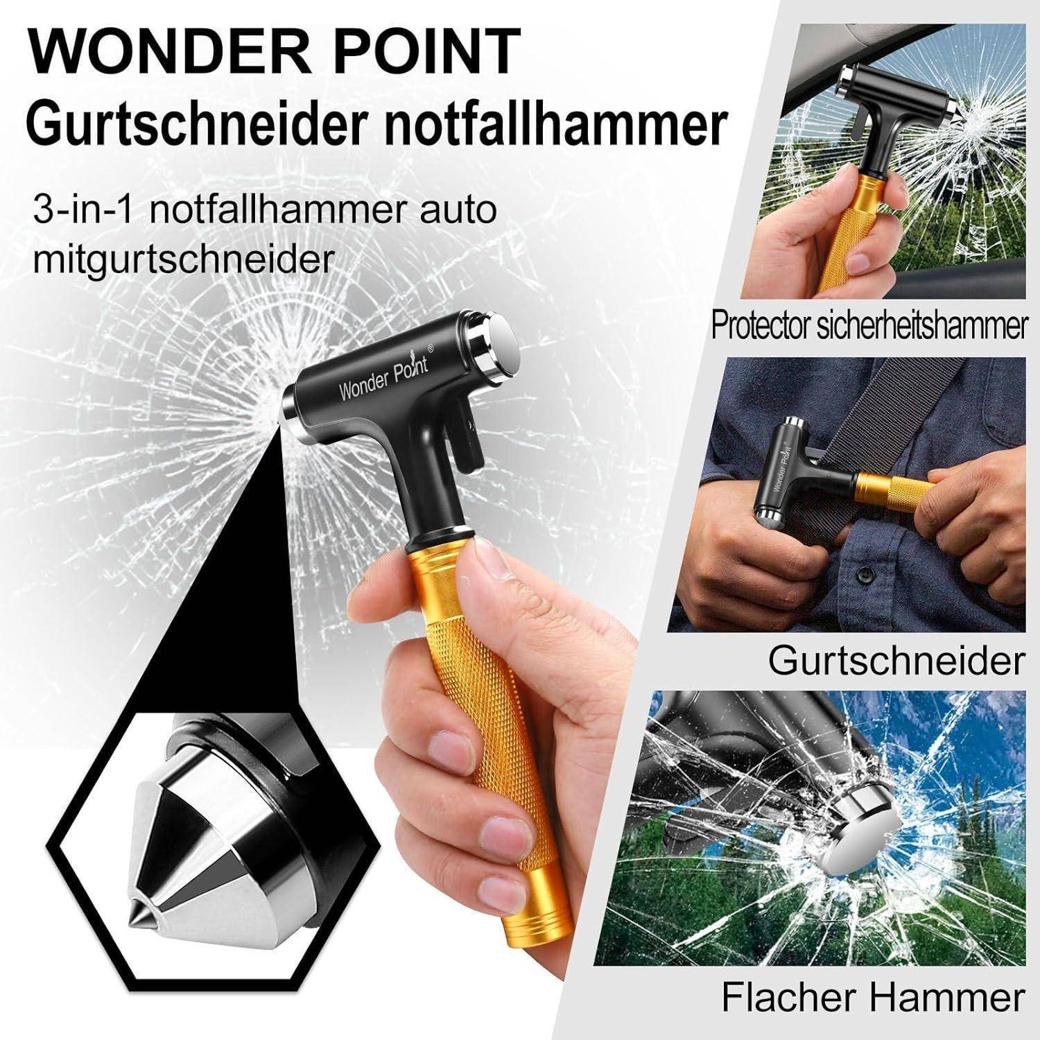 Werbebild eines „Wonder Point" 3-in-1-Autounfallhammers mit Sicherheitsgurtschneider, gezeigt in der Hand und in Gebrauch zum Zerschlagen von Glas und zum Durchschneiden eines Gurtes.