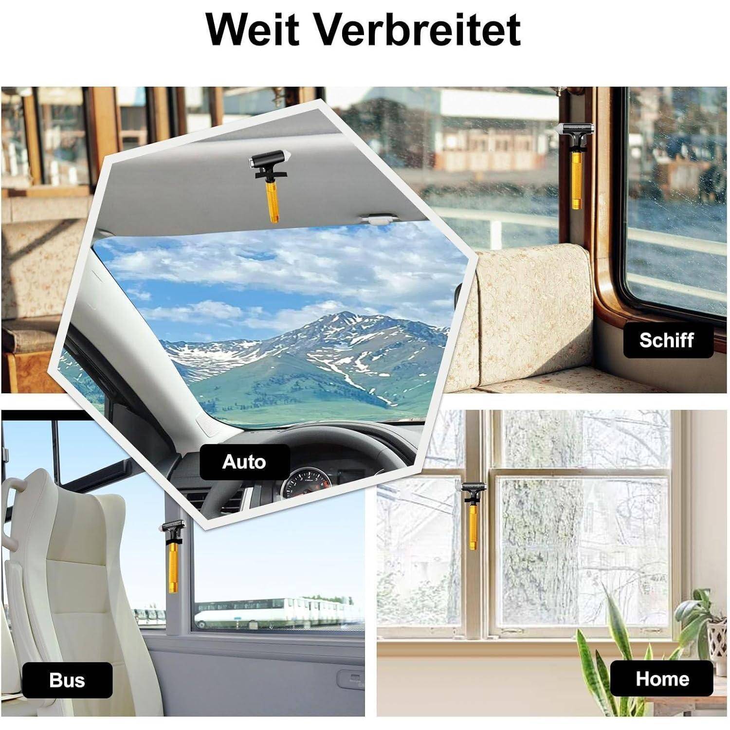 Collage mit dem Titel „Weit Verbreitet", die einen gelben Notfallhammer neben einem Fenster in verschiedenen Umgebungen zeigt: Schiff, Auto, Bus und Zuhause.