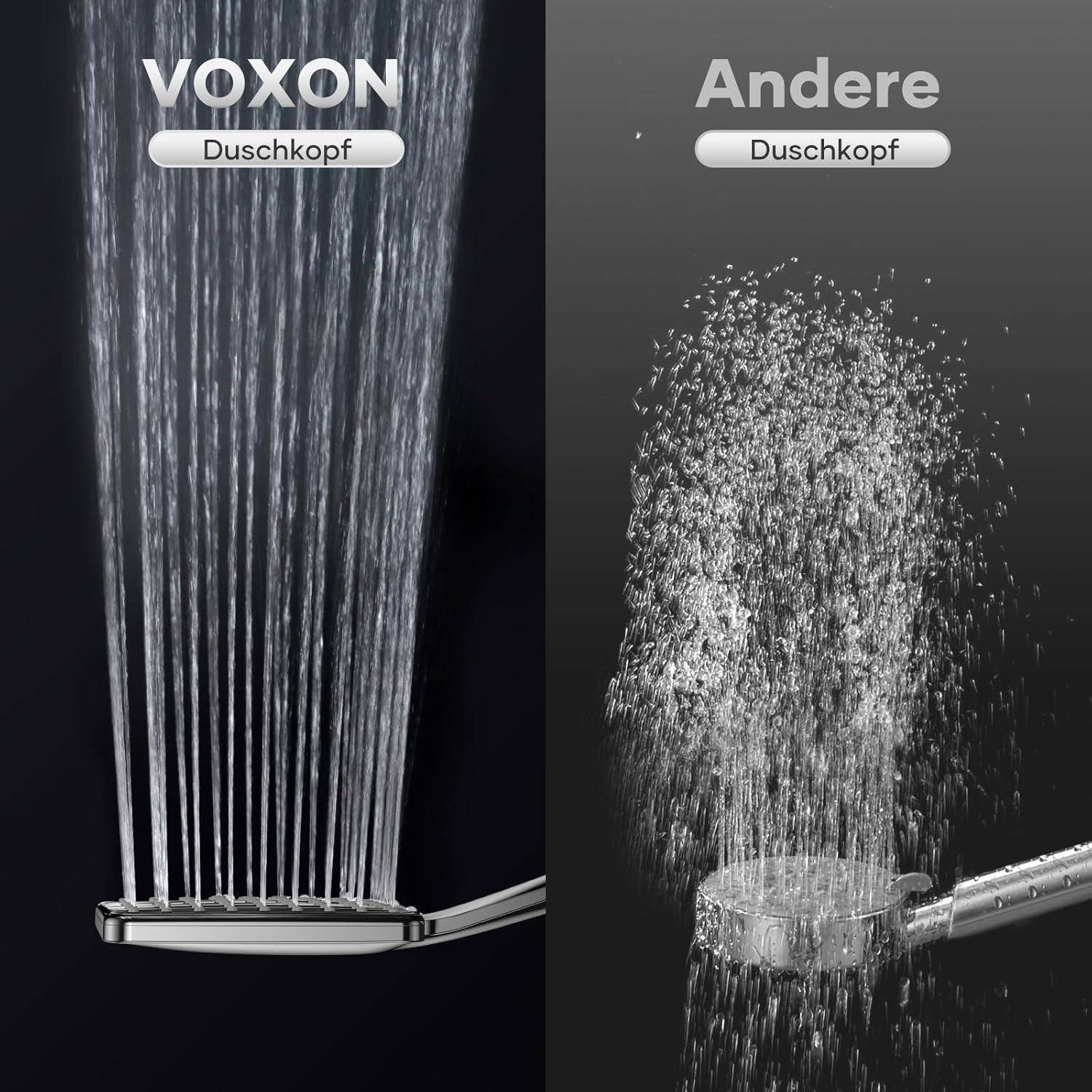 Nebeneinander-Vergleich von Duschköpfen: VOXON 'Duschkopf' auf der linken Seite mit gleichmäßigen Wasserstrahlen und 'Anderer Duschkopf' auf der rechten Seite mit schwächerem, spritzendem Spray.