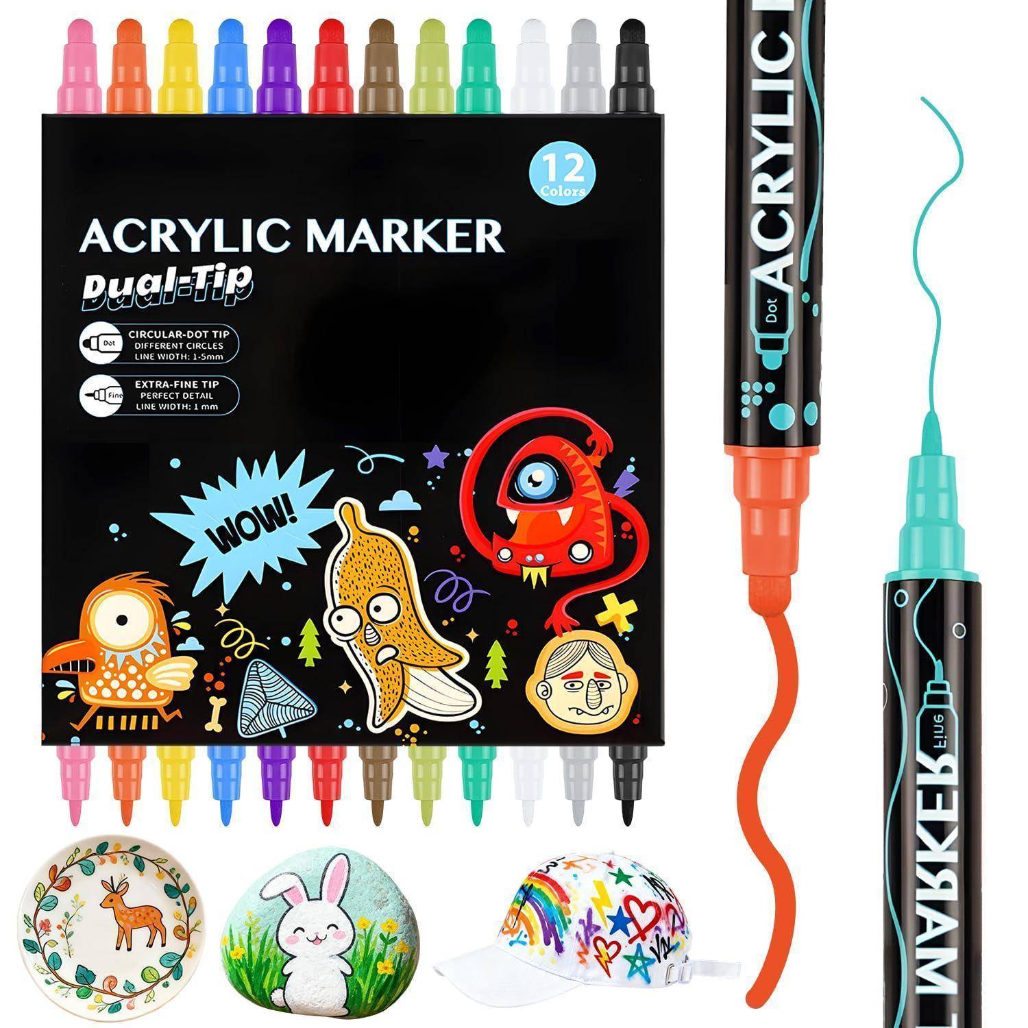 Acrylmarker-Set-Verpackung mit 12 Farben, zeigt Marker mit Doppelspitze und Beispielzeichnungen auf Steinen und einer Kappe, plus vergrößerte Markerbilder auf der rechten Seite.