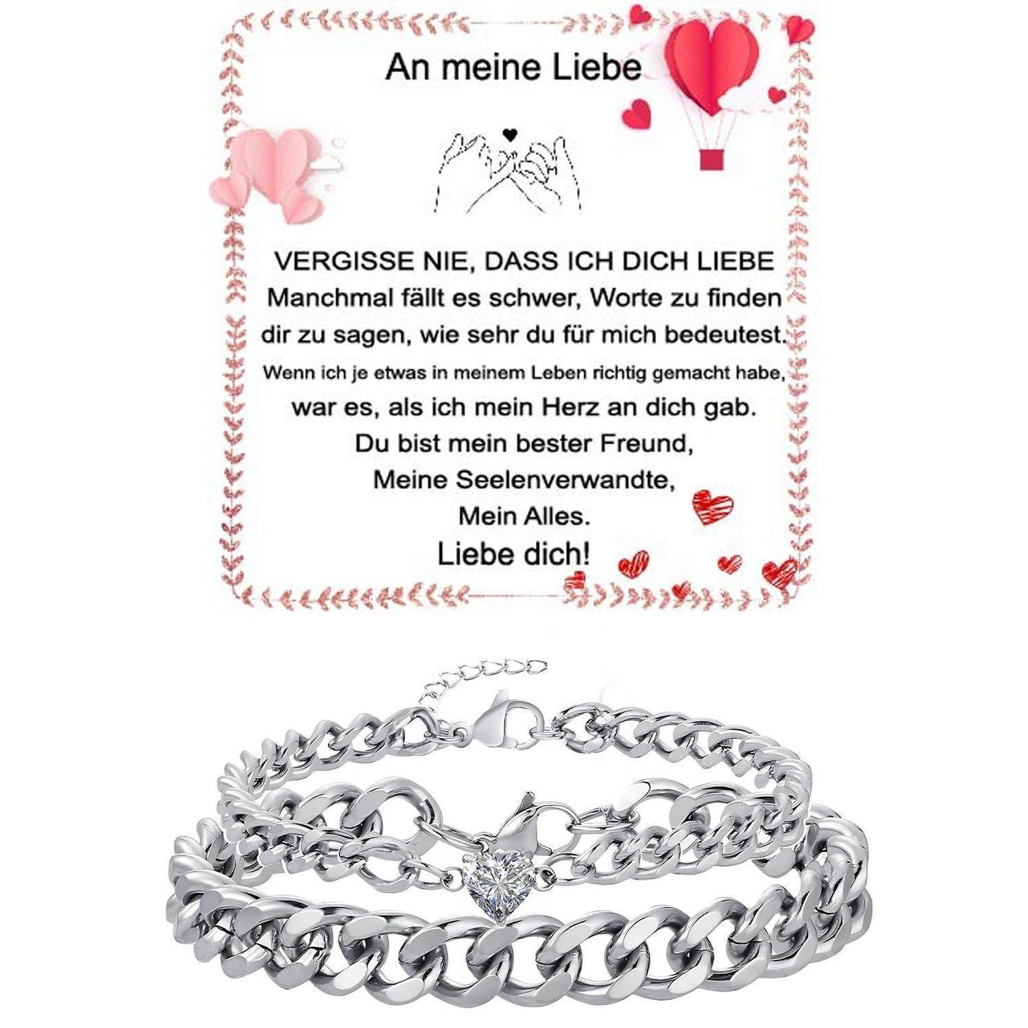Geschenkset für einen geliebten Menschen: ein deutscher Liebesbrief mit Herzen und ein silbernes Armband mit herzförmiger Schließe und zentralem Edelstein.