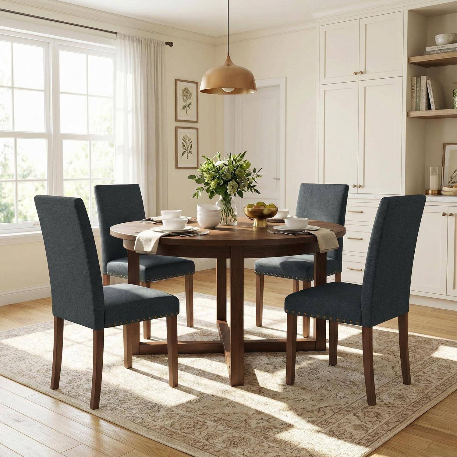 Modernes Esszimmer mit rundem Holztisch, vier dunklen Stühlen, eingedecktem Besteck, Pendelleuchte, großem Fenster und Einbauschränken.