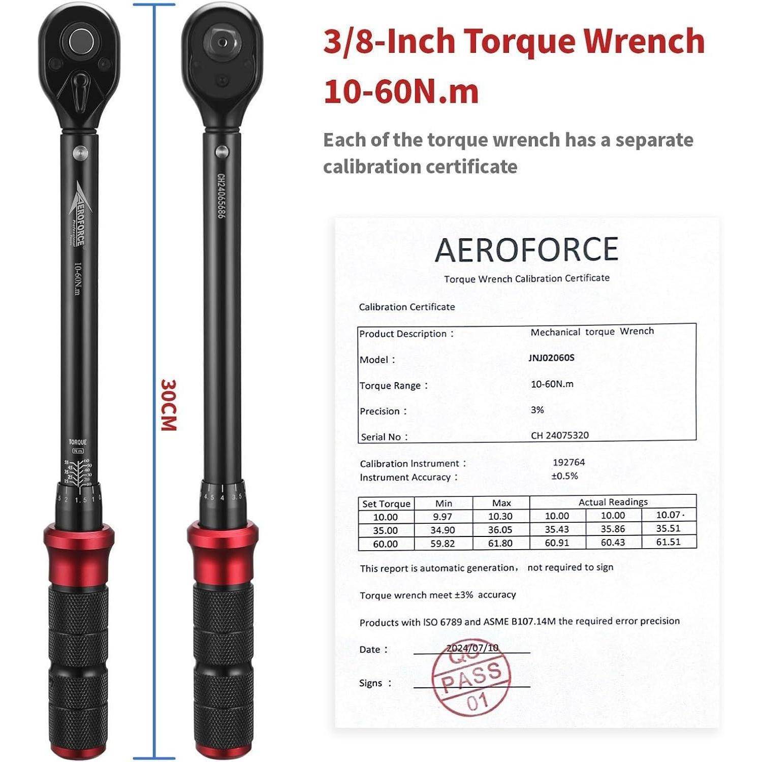AEROFORCE 3/8-Zoll Drehmomentschlüssel (10-60 Nm), 72-Zahn Ratsche mit Doppelrichtungs-Umschaltung, Präzisionskalibriert für Fahrrad, Motorrad und