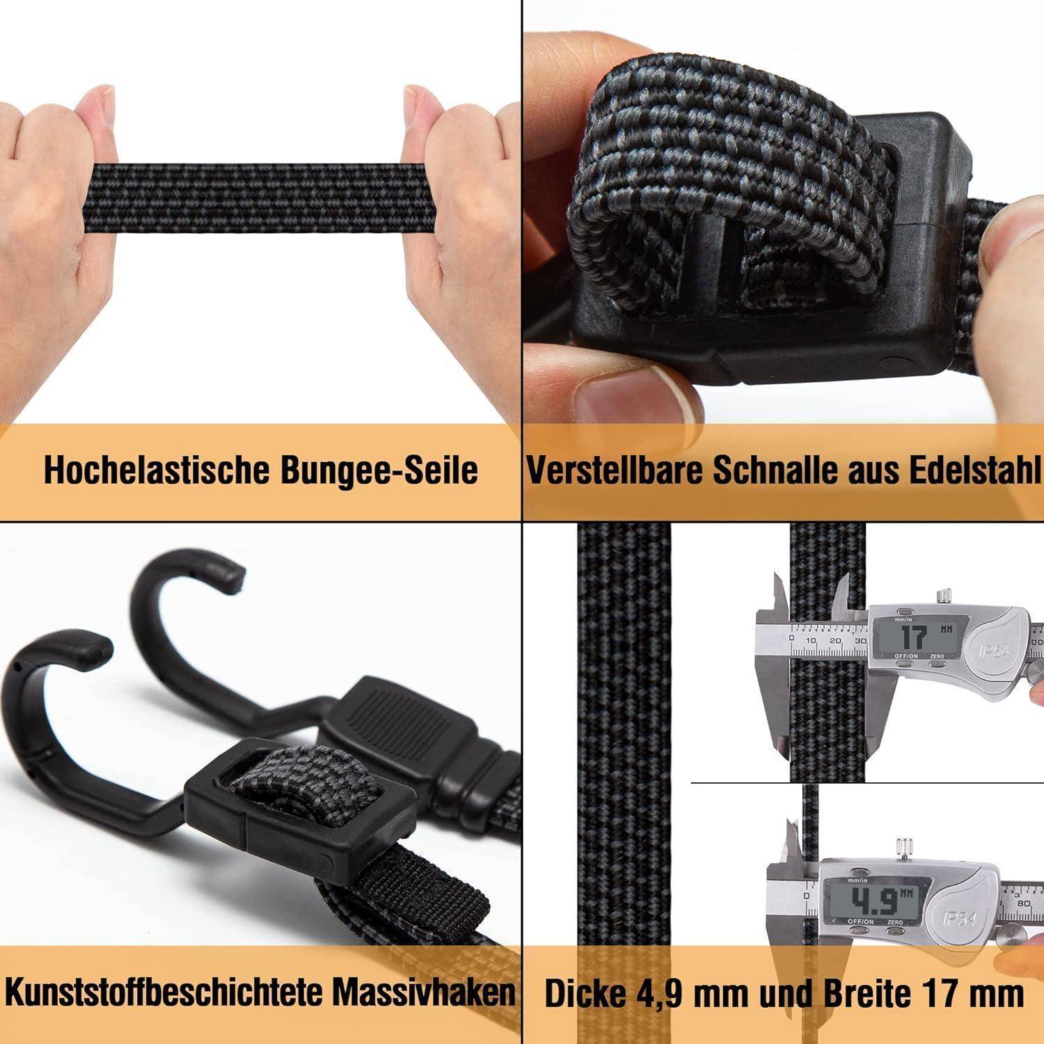 Verstellbar Spanngummi mit Haken, Expander mit Metallhaken 4er Set, 150cm Flach Gepäckspanner Schwarz Gummiseil, Extra Stark Gummispanner Gummibände