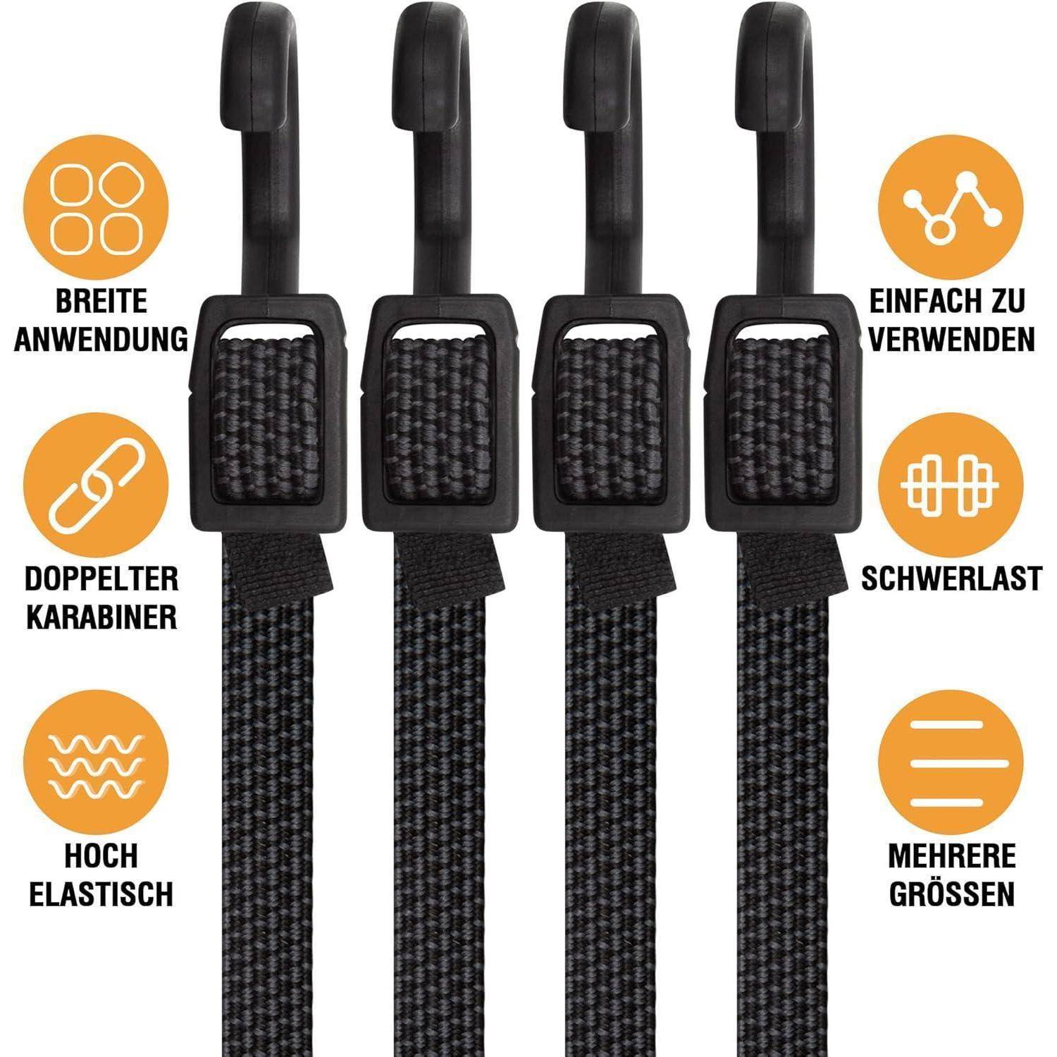 Verstellbar Spanngummi mit Haken, Expander mit Metallhaken 4er Set, 150cm Flach Gepäckspanner Schwarz Gummiseil, Extra Stark Gummispanner Gummibände
