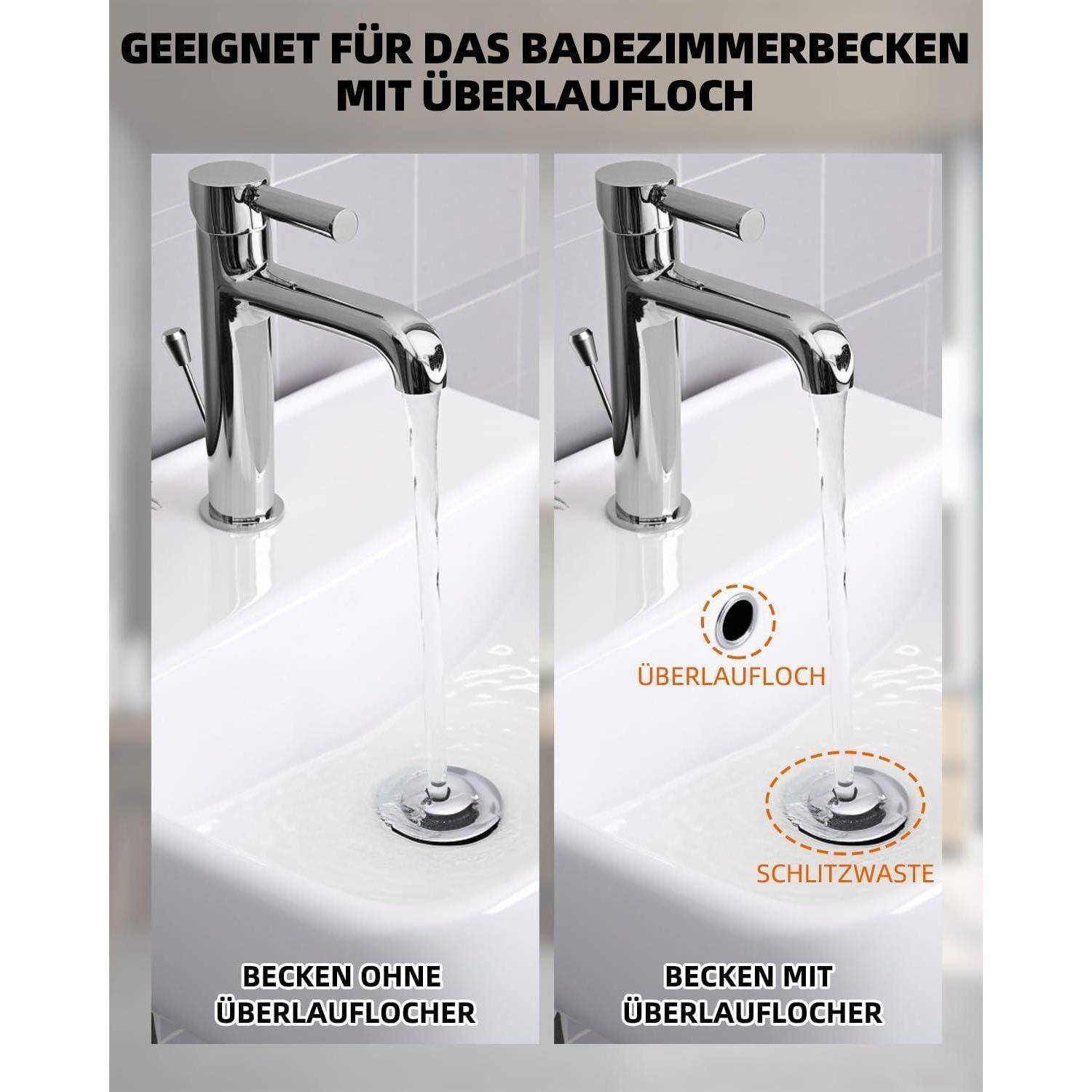 Vergleichsgrafik eines chromfarbenen Badezimmerwasserhahns für Waschbecken mit Überlaufloch, zeigt auf der linken Seite „Becken ohne Überlauflöcher