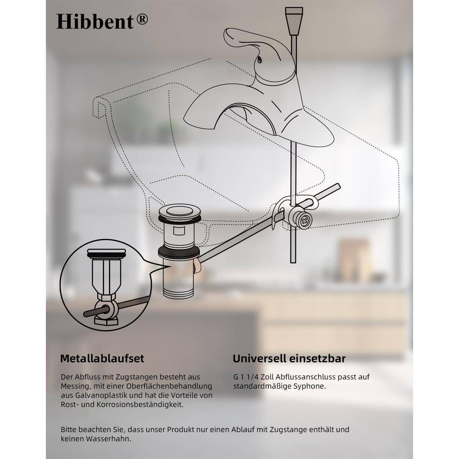 Diagramm eines Waschbeckenablaufsets mit Spritzschutz und Überlauffunktion, gekennzeichnet als „Metallablaufset