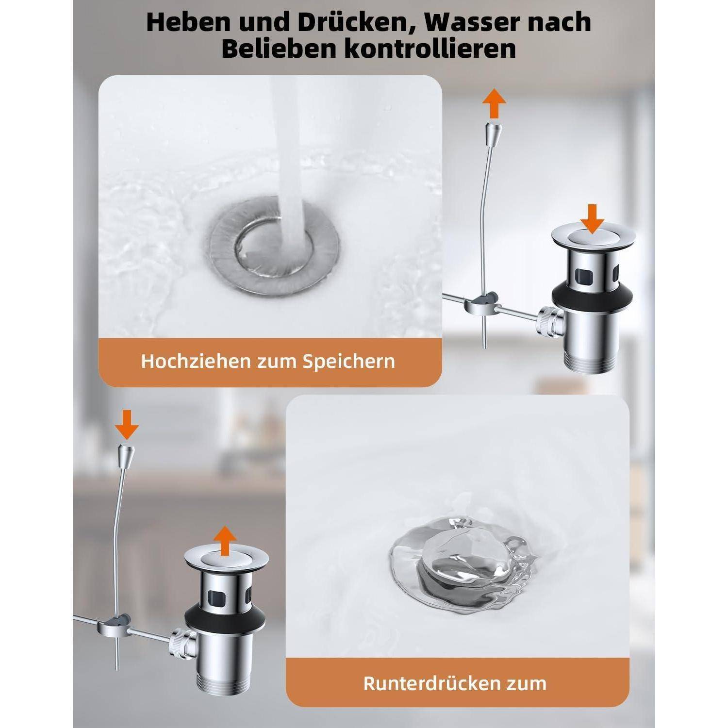 Diagramm eines Waschbeckenablaufstöpsels mit deutschem Text, das zeigt: Nach oben ziehen, um Wasser zu speichern und nach unten drücken, um Wasser ablaufen zu lassen.