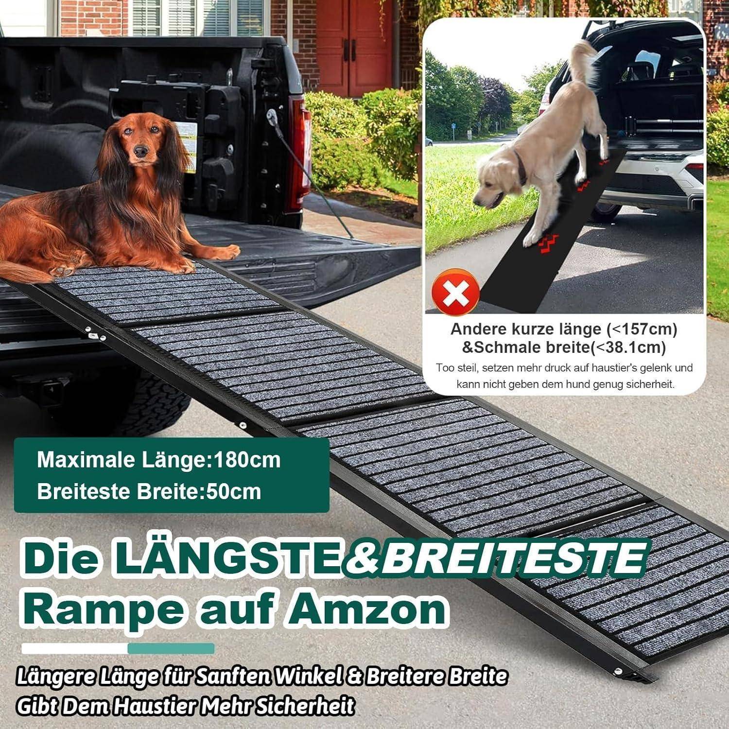Produktbild einer langen, breiten Haustierkrampe für SUVs/Lastkraftwagen, dargestellt mit einem Hund, der sie benutzt; deutscher Text hebt 