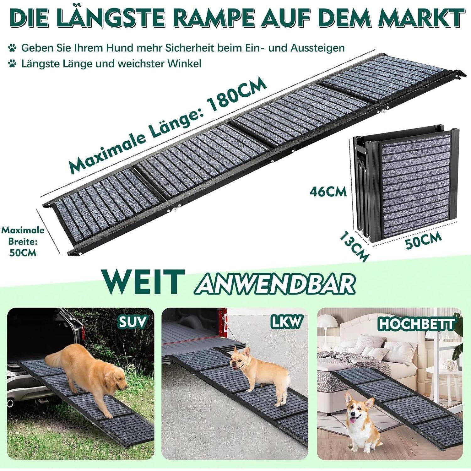 Längste 180cm & Breiteste 50cm Hunderampe,Faltbare Hunderampe Auto mit Rutschfester Teppich, Klappbar für Outdoor Stufen,Hundetreppe Auto für Mittl