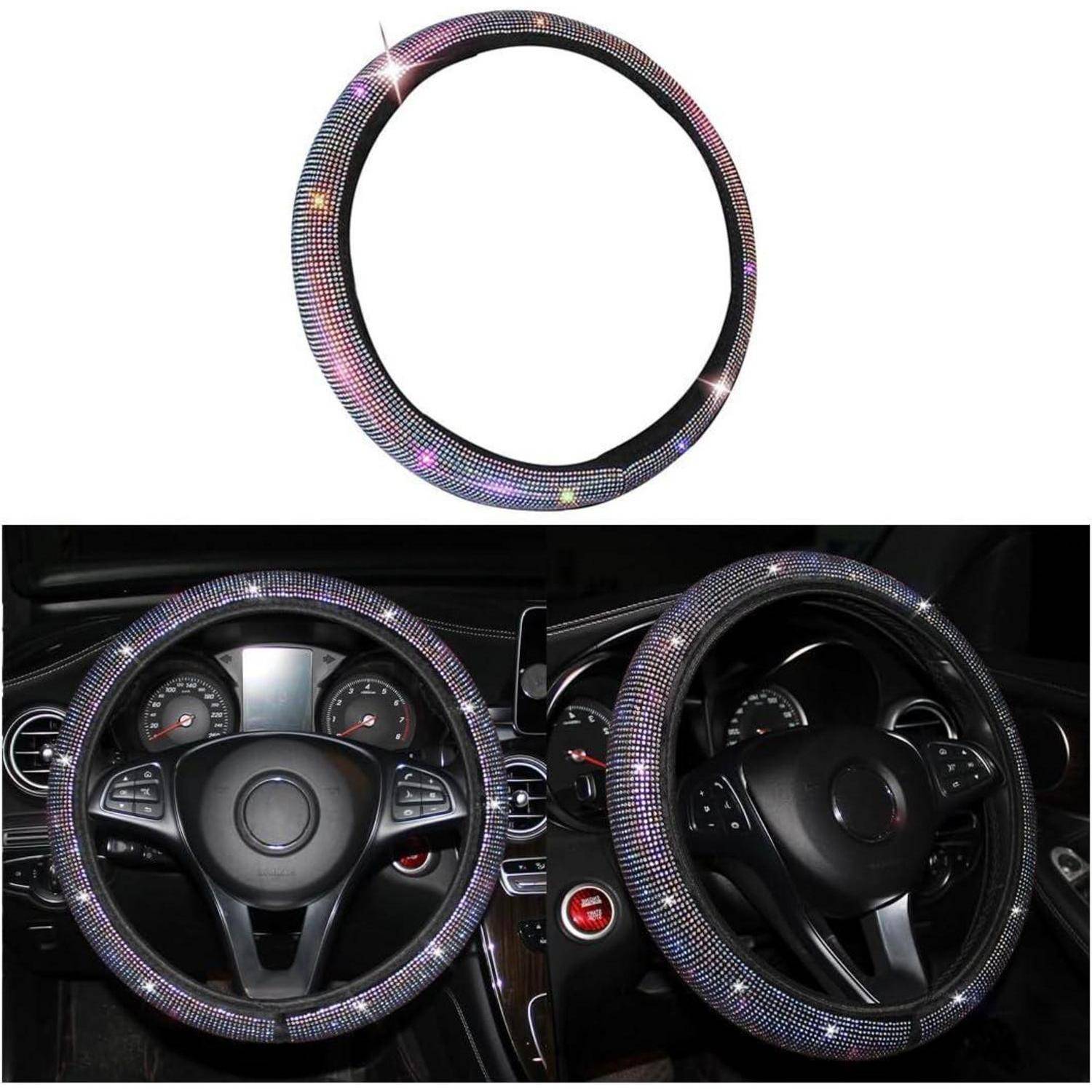 Funkelnde Strass-Lenkradbezug, dargestellt auf einem Lenkrad im Autoinnenraum, mit Nahaufnahmen des schwarzen glitzernden Rings.