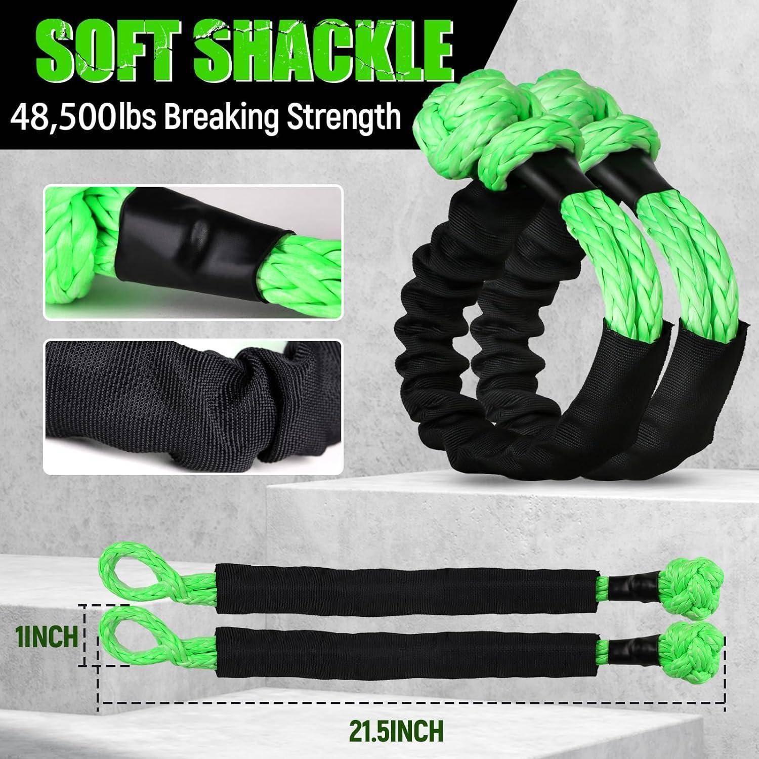 Produktabbildung eines grünen weichen Shackle-Seilverbinders mit einer Bruchfestigkeit von 48.500 lbs, 1 Zoll breit und 21,5 Zoll lang, mit detaillierten Nahaufnahmen.