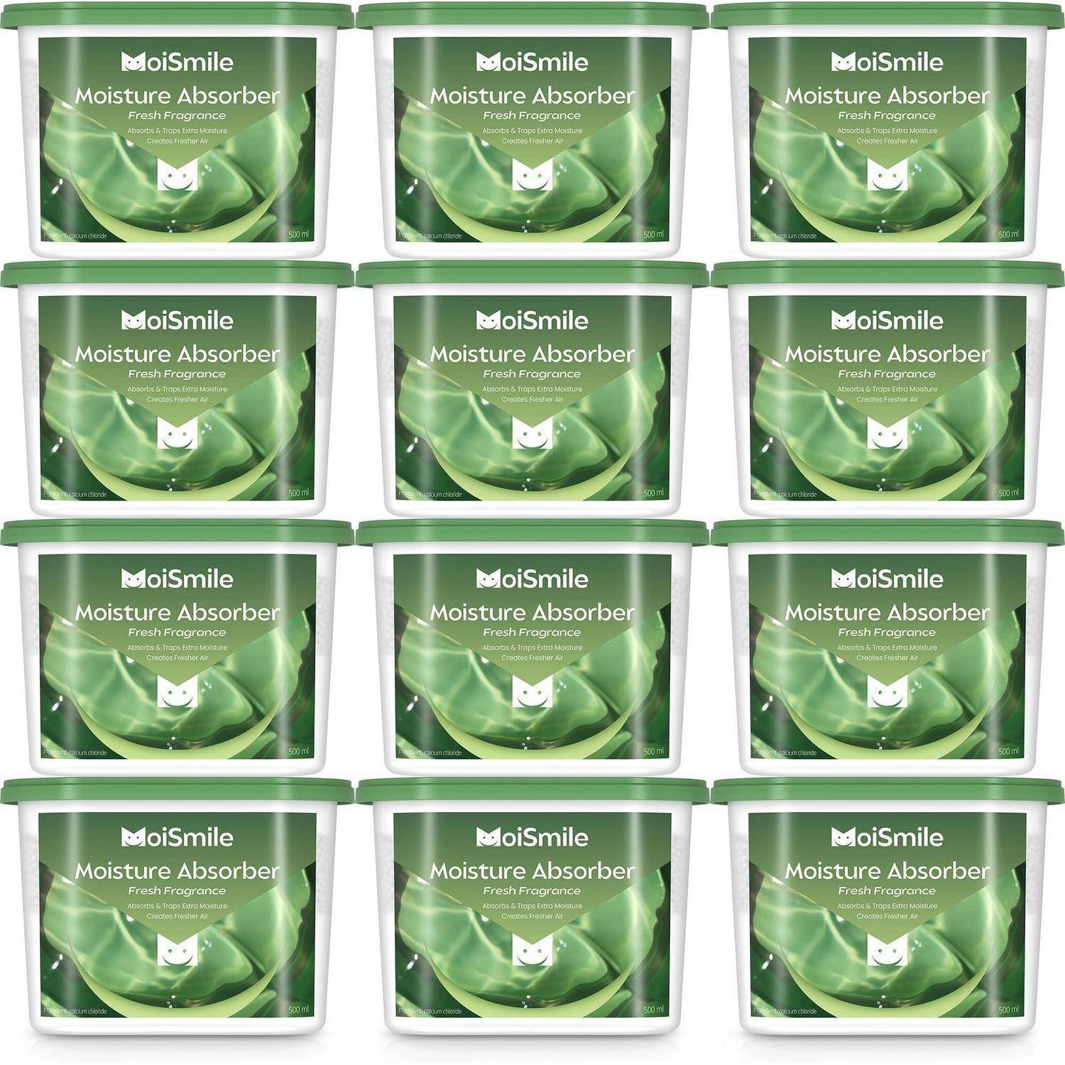Zwölf grüne MoiSmile Feuchtigkeitsabsorber-Behälter, beschriftet mit „Fresh Fragrance
