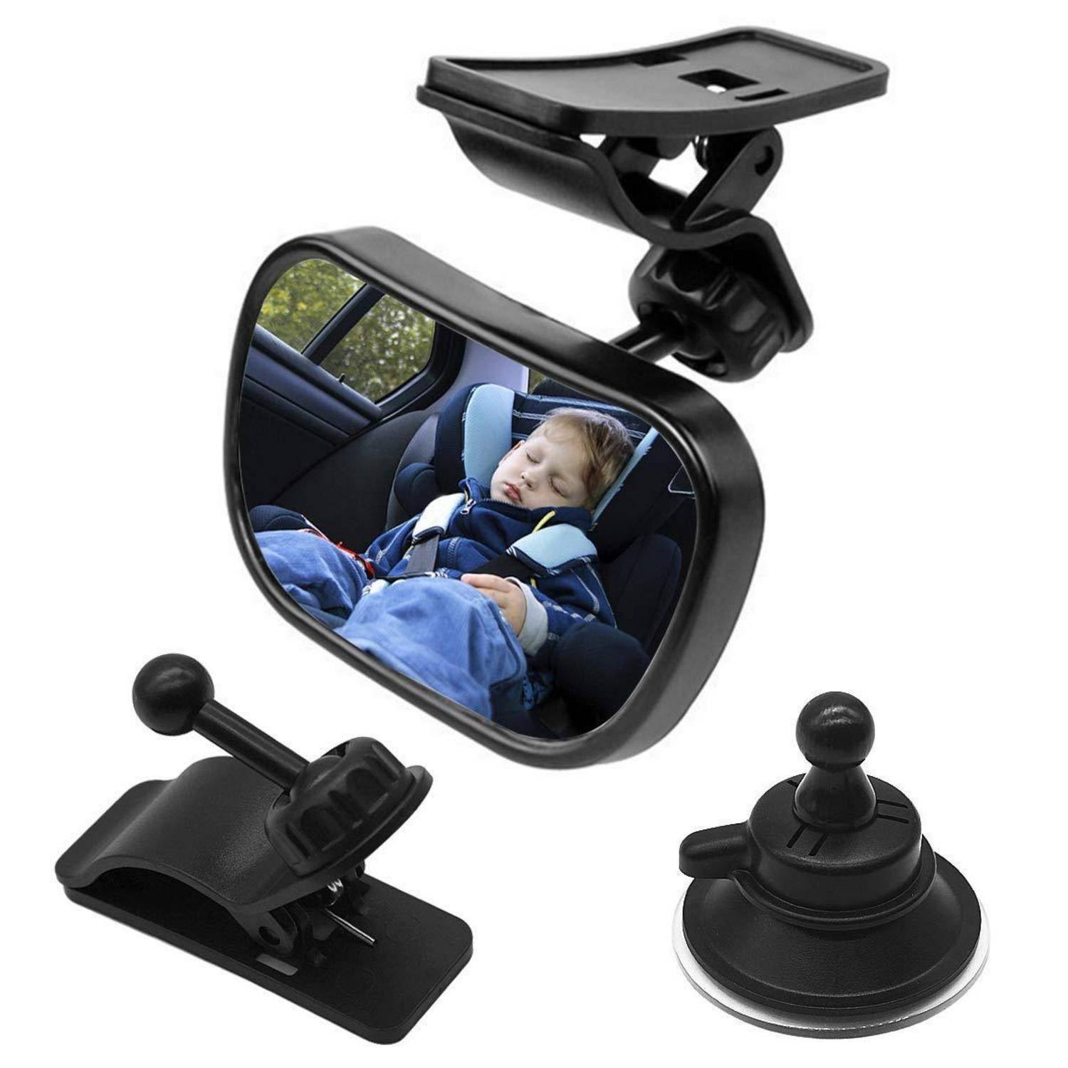 Rückspiegel für Babysitze im Auto, dargestellt mit drei Montagemöglichkeiten: Klemmhalterung, Saugnapfhalterung und verstellbare Riemenhalterung.