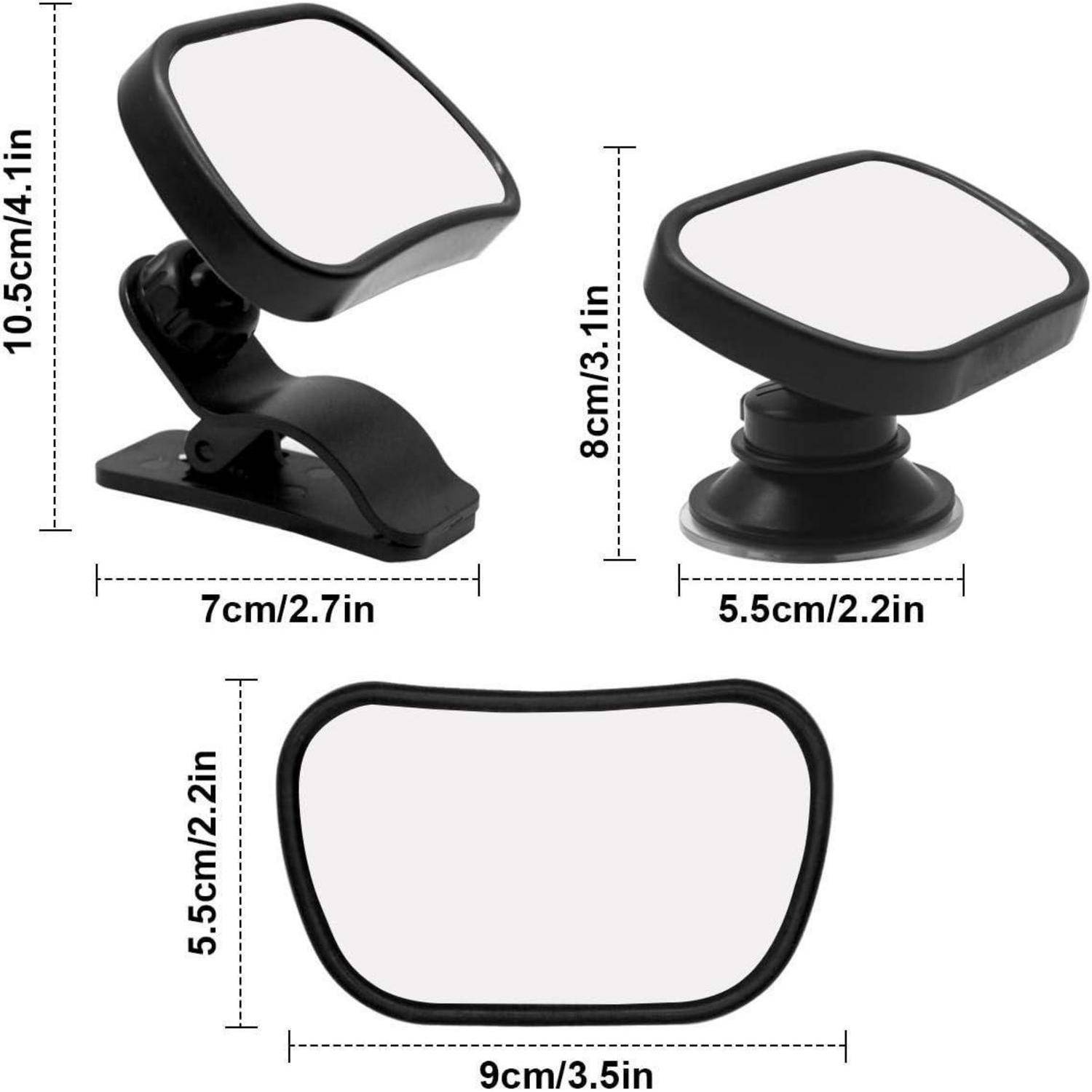 Drei schwarze Fahrzeug-Toträumespiegel mit verstellbaren Halterungen, mit beschrifteten Abmessungen: 10,5 cm, 8 cm und 5,5 cm Höhe, mit Breiten von 5,5 cm bis 9 cm.