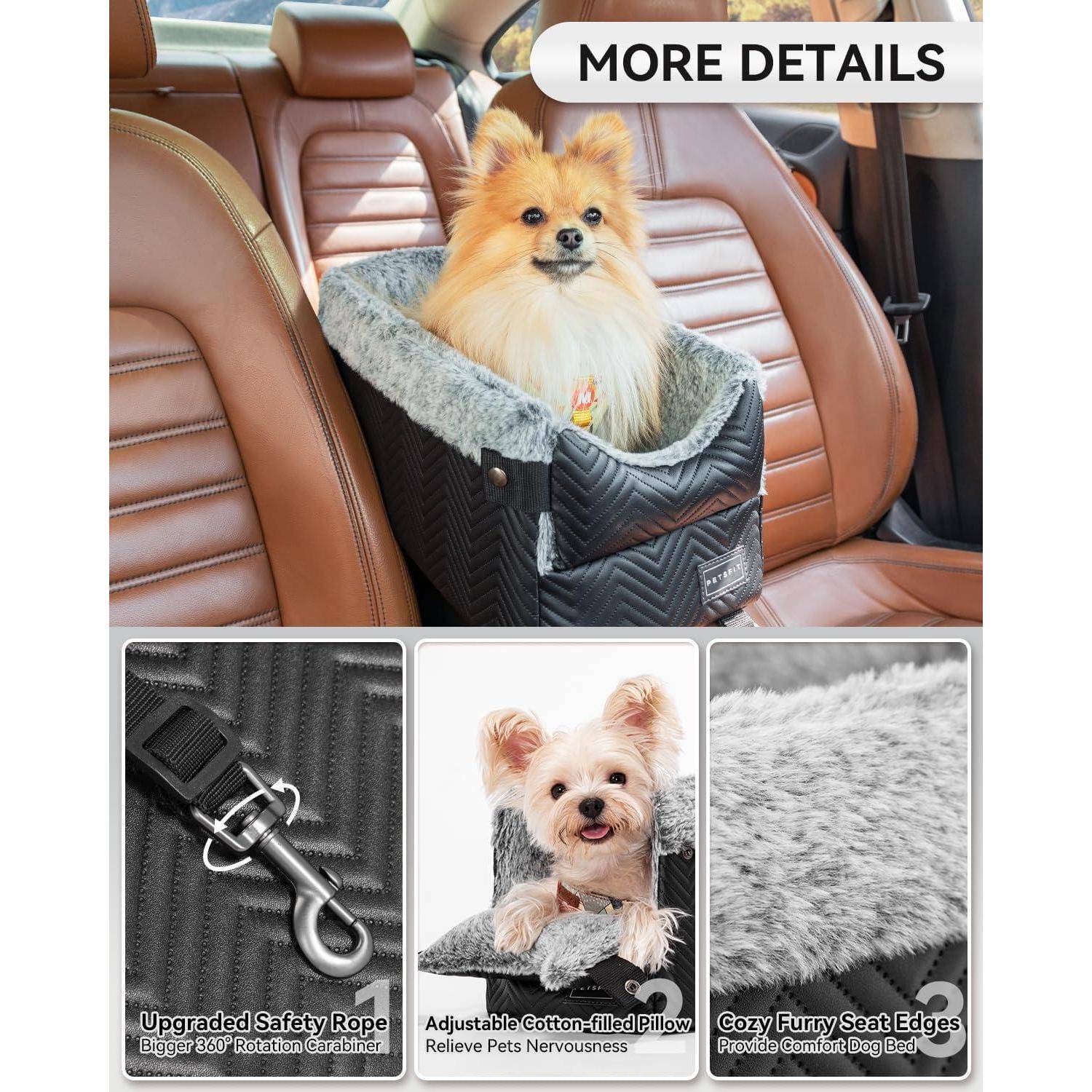 PETSFIT Hundesitz Mittelkonsole Auto, Autositz Hund Mittelkonsole mit verbesserten Sicherheitsgurten, waschbarem, dickem Kissen, Hunde Autositz für