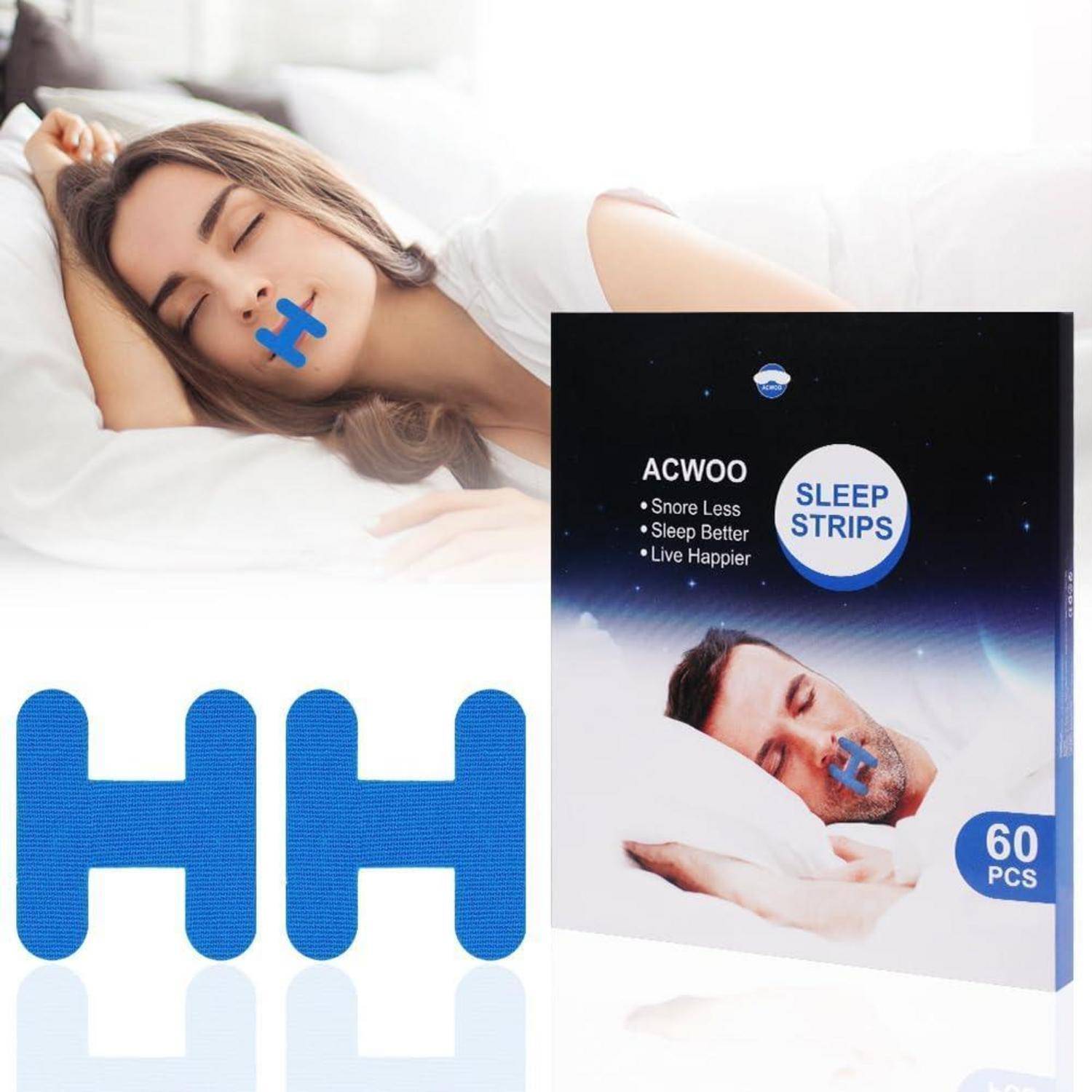 Werbebild für ACWOO Schlaf-Strips: schlafende Frau mit blauem Nasenstreifen, Produktbox mit der Aufschrift „Sleep Strips