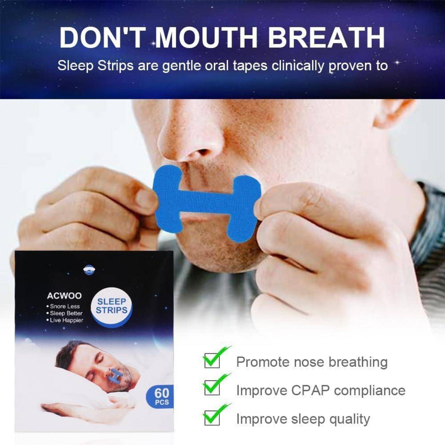 Werbebild eines Mannes, der blaue Sleep Strips über seinen Mund klebt, mit dem Text „ATME NICHT DURCH DEN MUND" und Aussagen, dass diese die Nasenatmung fördern, die CPAP-Compliance verbessern und die Schlafqualität verbessern.