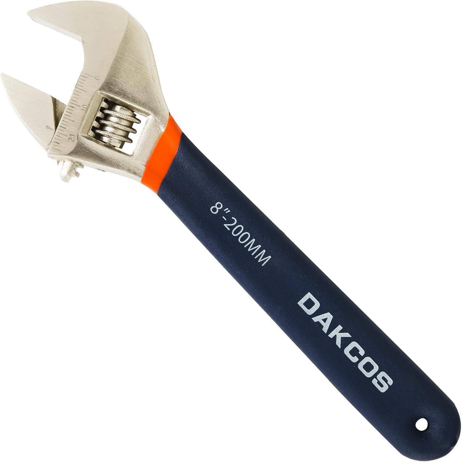 Verstellbarer Schraubenschlüssel mit blauem und orangefarbenem Griff, beschriftet mit „DAKCOS