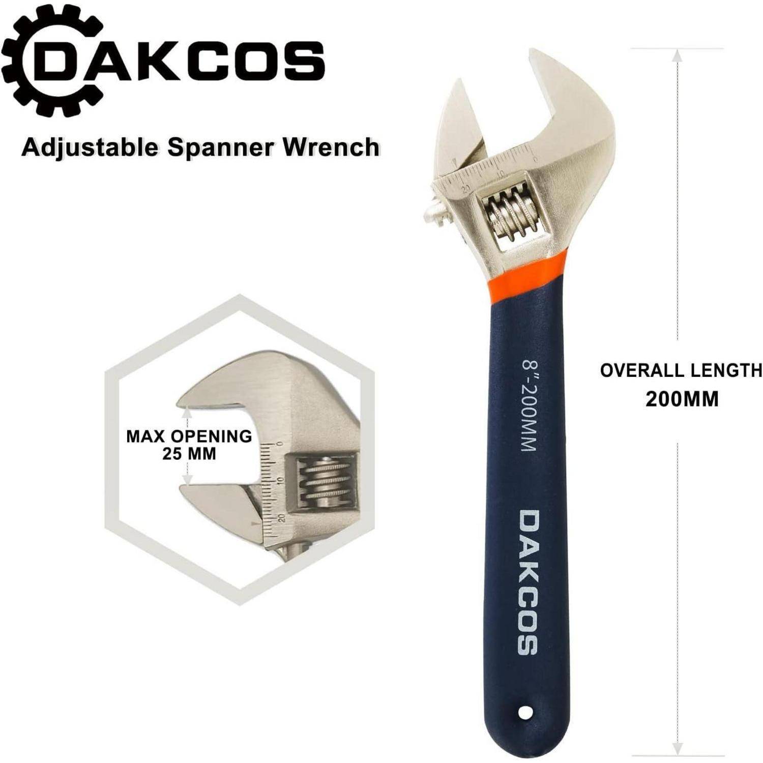 DAKCOS Verstellbarer Schraubenschlüssel mit maximaler Öffnung von 25 mm und Gesamtlänge von 200 mm.