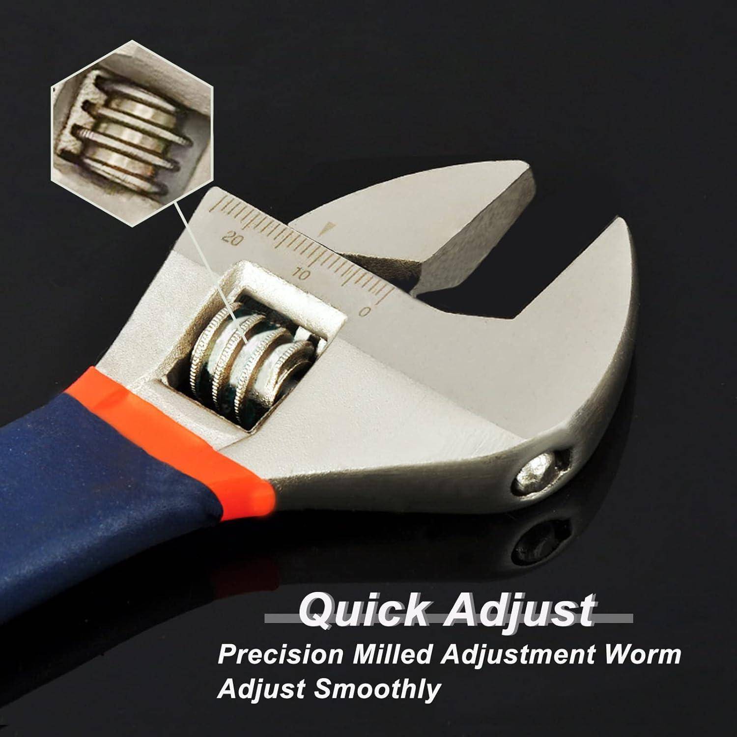 Nahaufnahme eines verstellbaren Schraubenschlüssels mit sichtbarem Schneckentrieb und Linealmass, beschriftet mit 'Quick Adjust' und 'Precision Milled Adjustment Worm Adjust Smoothly'.