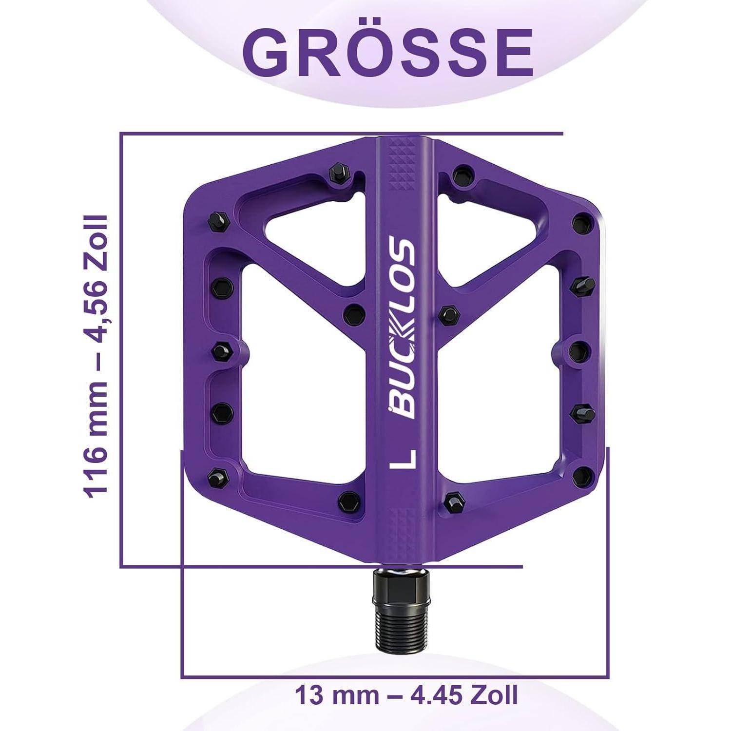 Violettes BUCKLOS Fahrradpedal mit der Bezeichnung "GRÖSSE"" mit Abmessungen von 116 mm (4,56 Zoll) Höhe und 13 mm (4,45 Zoll) Breite.
