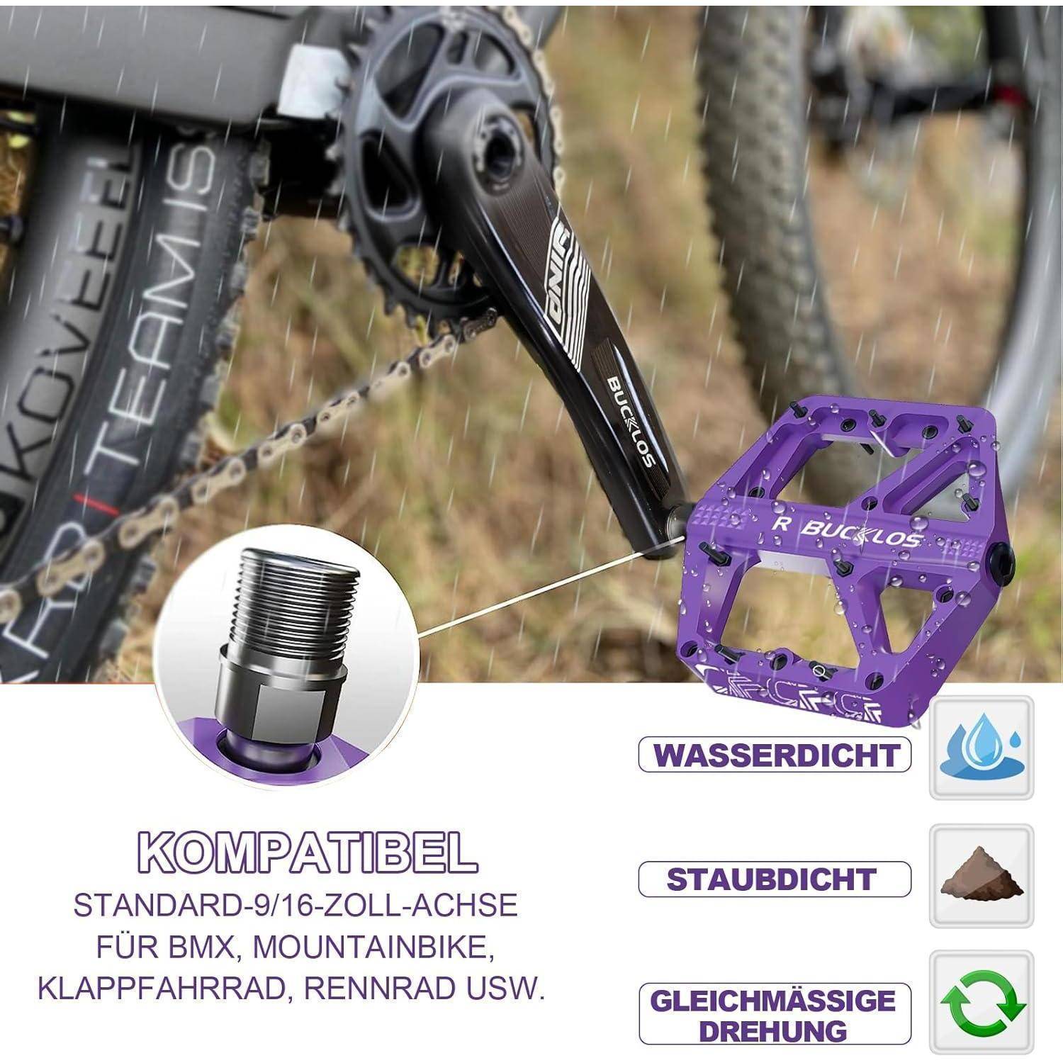 Lila Fahrradpedale mit vergrößerter Darstellung zeigt eine wasserdichte Spindelabdichtung, beschriftet auf Deutsch als kompatibel mit Standard-9/16-Zoll-Kurbeln für BMX-, Mountai­nbike-, Klapp- und Rennräder; staub­dicht und mit reibungslosem Lauf.