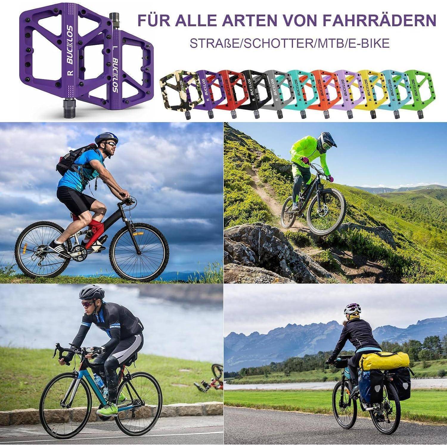 Werbebild von BUCYLOS Fahrradpedalen in mehreren Farben, beschriftet mit „FÜR ALLE ARTEN VON FAHRRÄDERN" und „STRAßE/SCHOTTER/MTB/E-BIKE"", gezeigt mit Radfahrern auf verschiedenen Geländetypen.