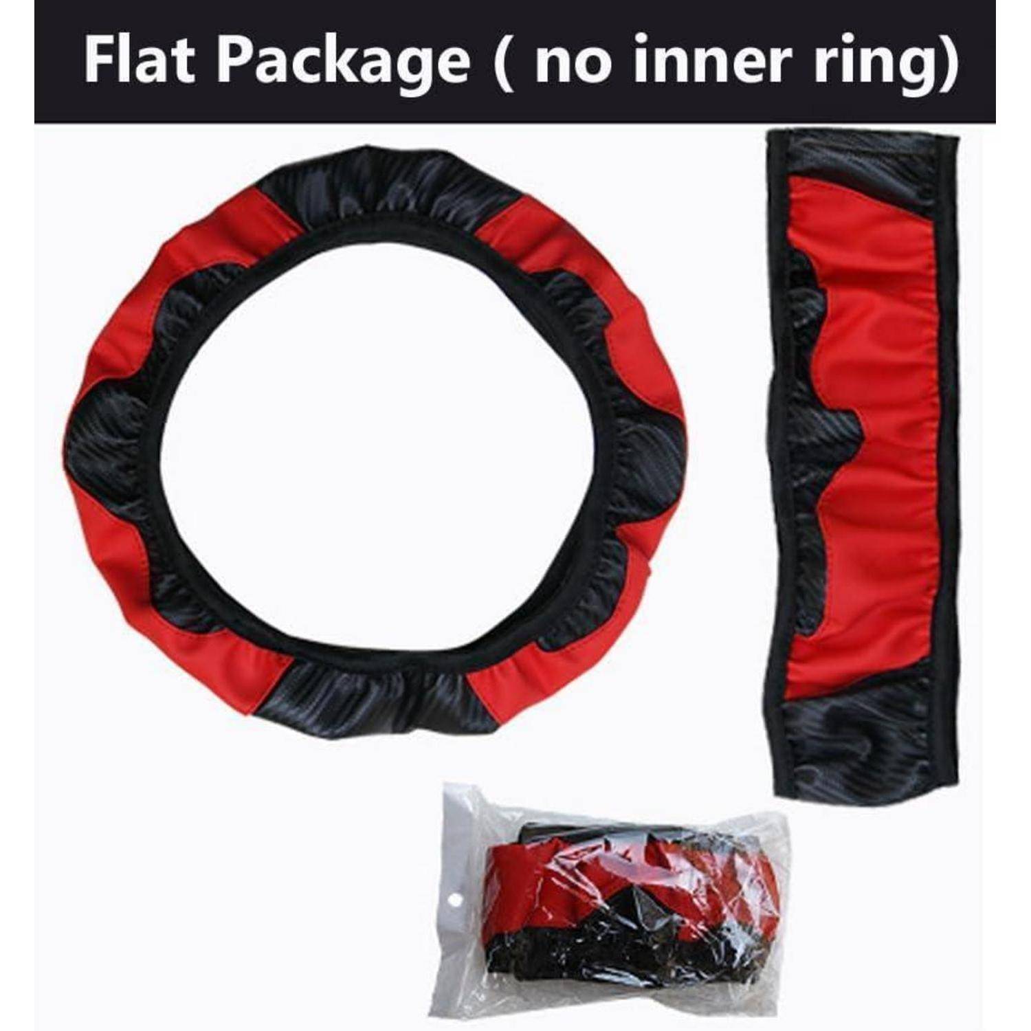 Produktbild zeigt eine rot-schwarze kreisförmige Lenkradbespannung und einen passenden flachen Streifen, mit der Bezeichnung „Flaches Paket (kein innerer Ring)", wobei der Artikel in Kunststoff verpackt ist.